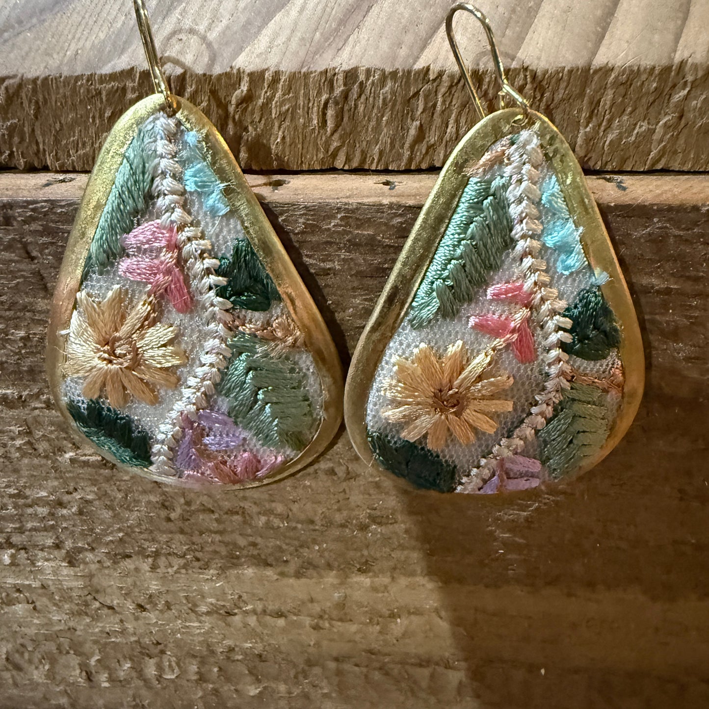 Pastel Floral Vintage Embroidered Teardrop Earrings In Gold Tone