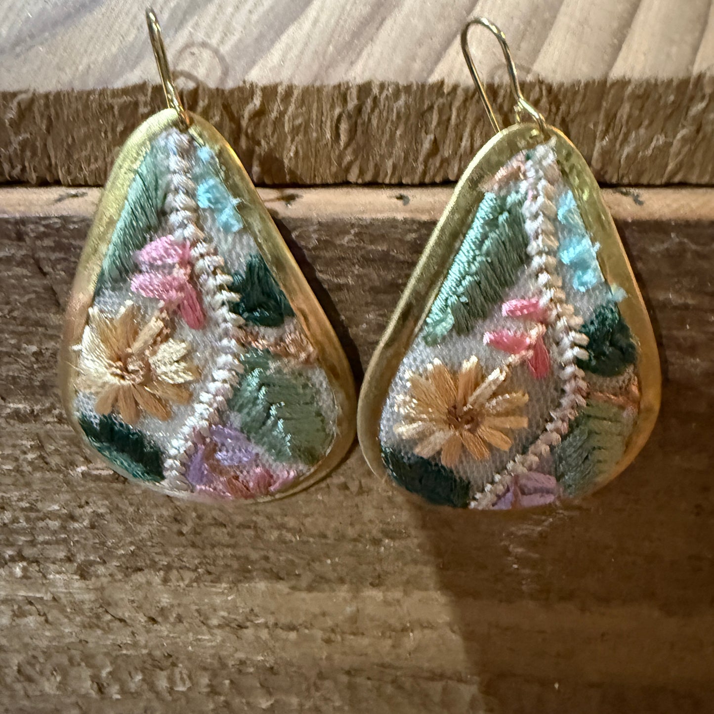Pastel Floral Vintage Embroidered Teardrop Earrings In Gold Tone