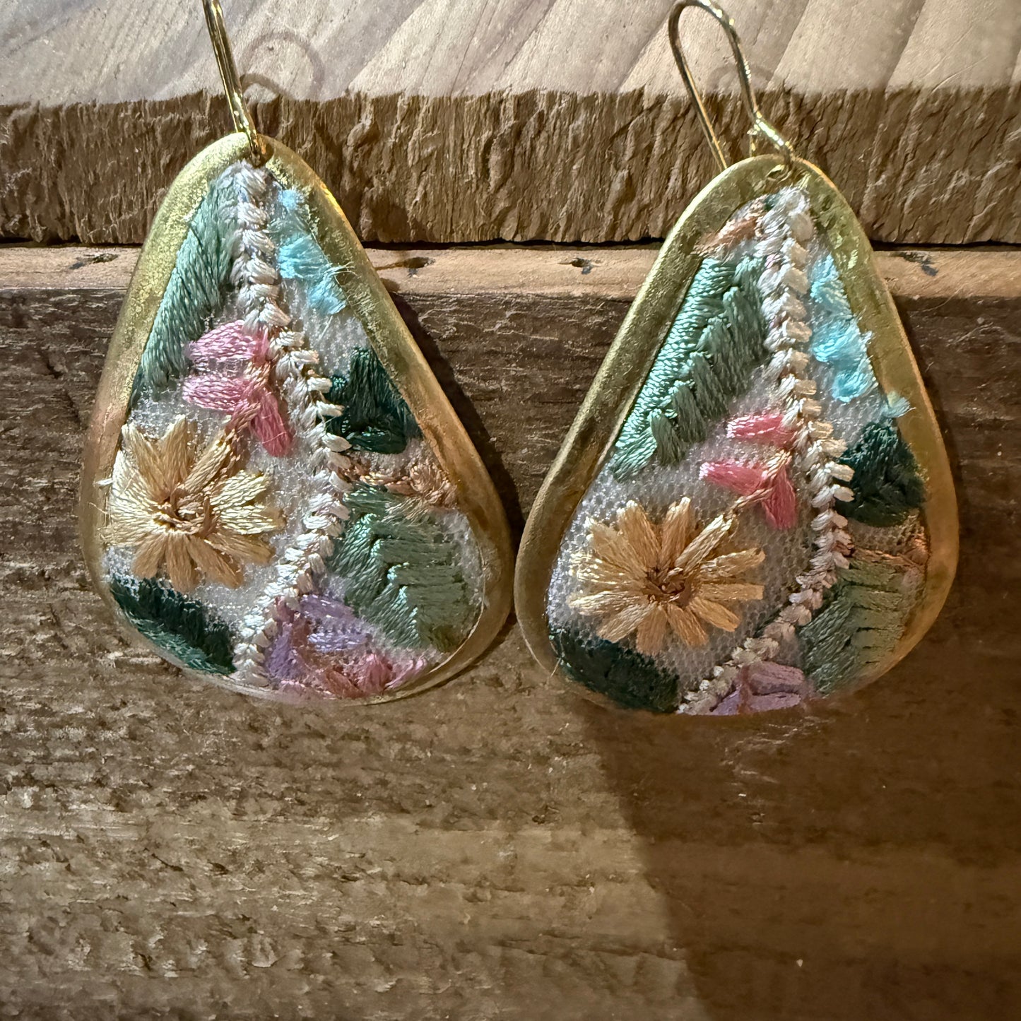 Pastel Floral Vintage Embroidered Teardrop Earrings In Gold Tone