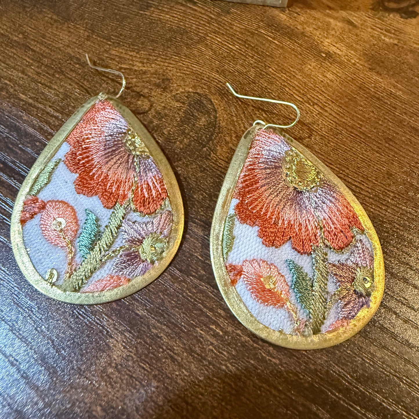 Spring in Bloom Embroidered Teardrop Earrings With Floral Gold Frame