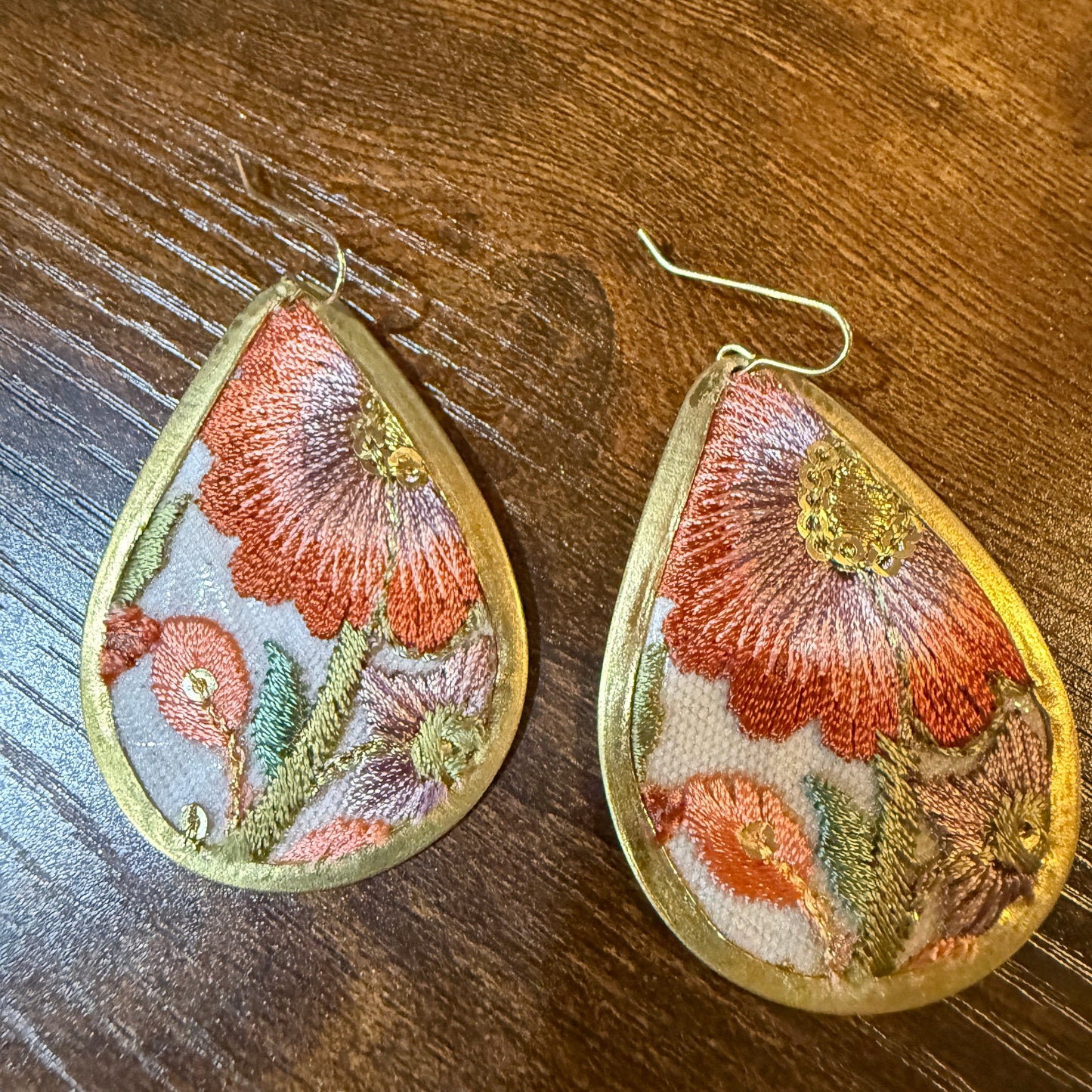 Spring in Bloom Embroidered Teardrop Earrings With Floral Gold Frame