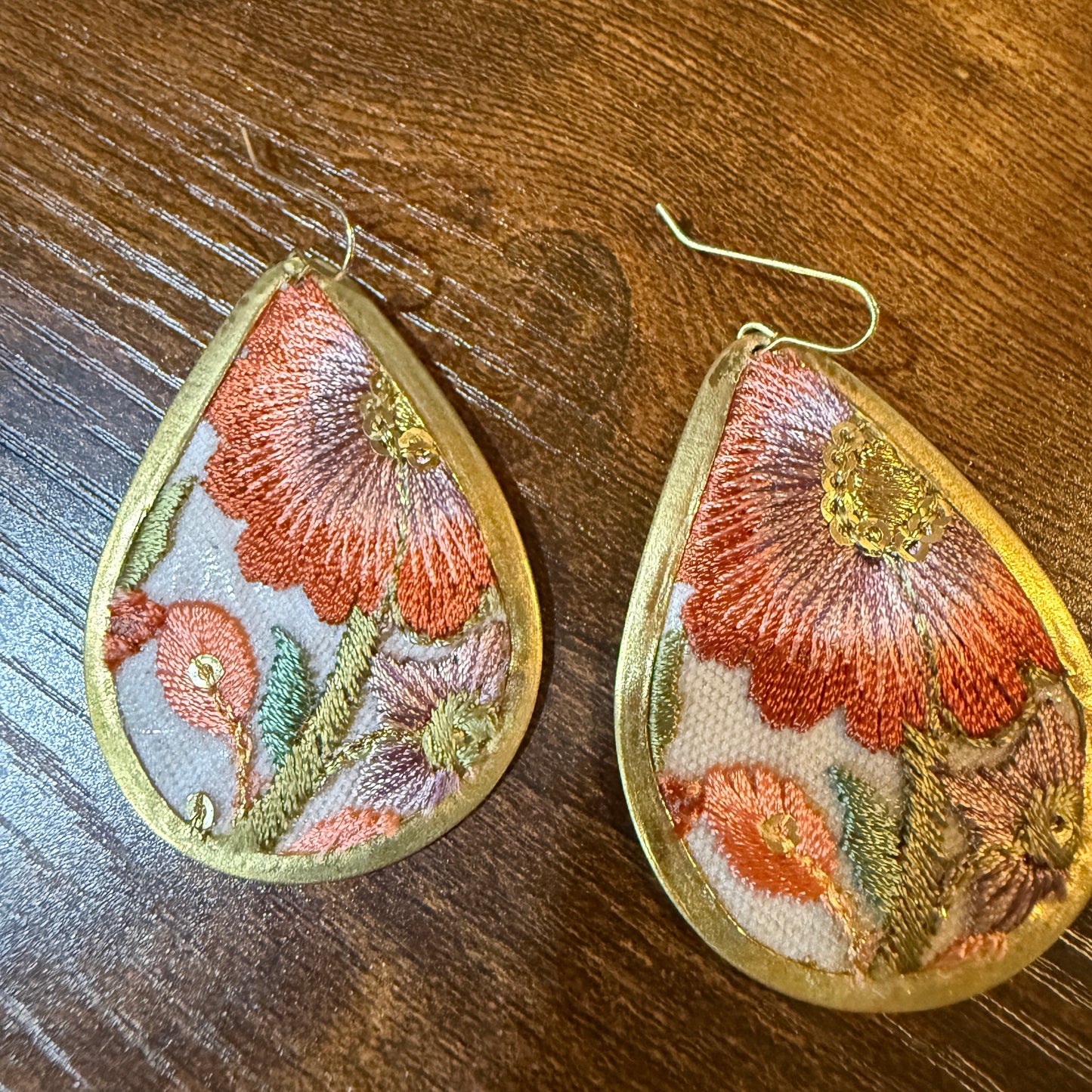Spring in Bloom Embroidered Teardrop Earrings With Floral Gold Frame