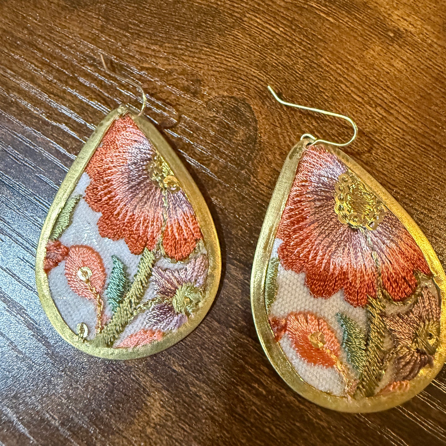 Spring in Bloom Embroidered Teardrop Earrings With Floral Gold Frame