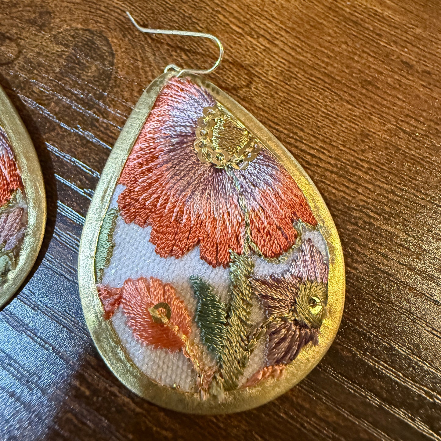 Spring in Bloom Embroidered Teardrop Earrings With Floral Gold Frame