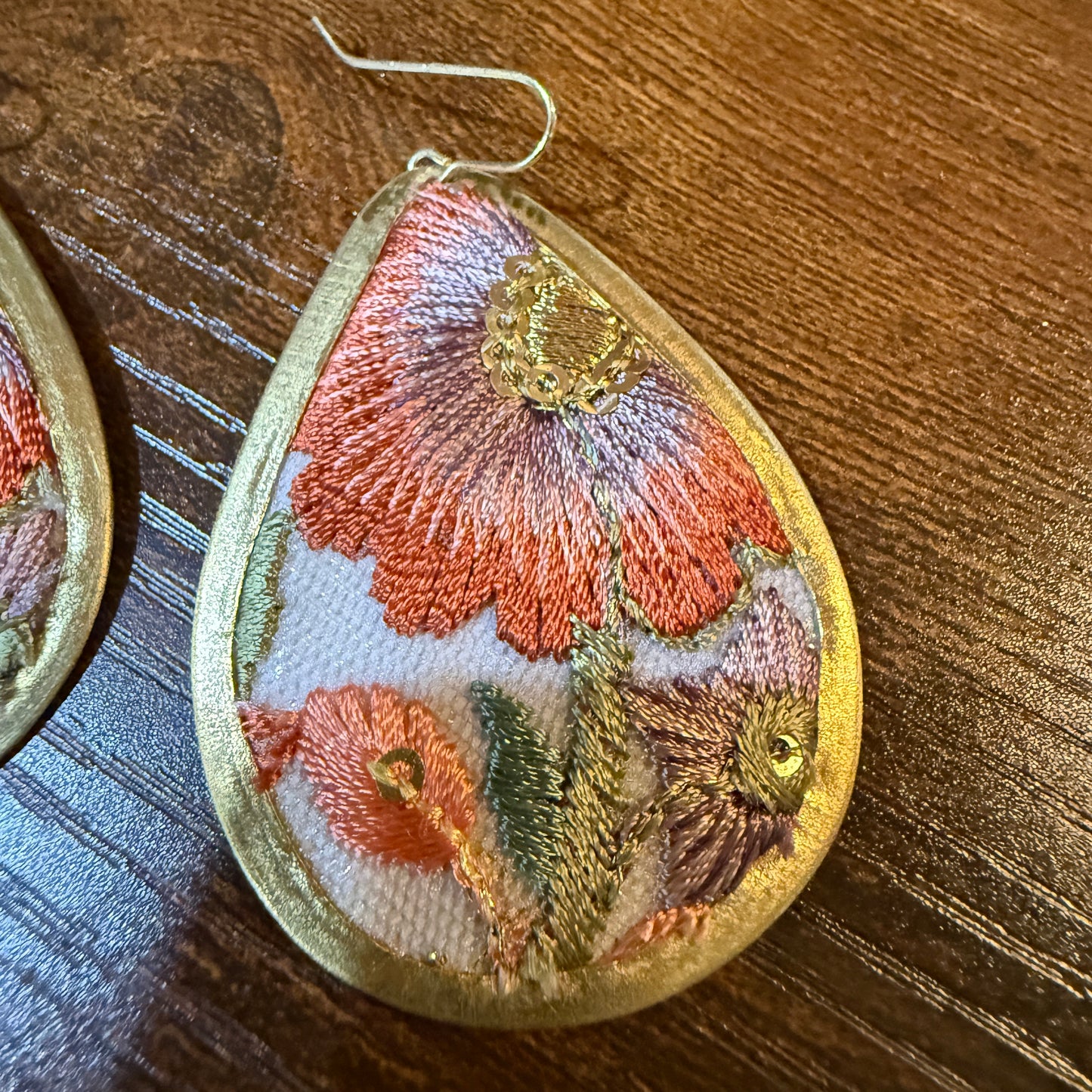 Spring in Bloom Embroidered Teardrop Earrings With Floral Gold Frame
