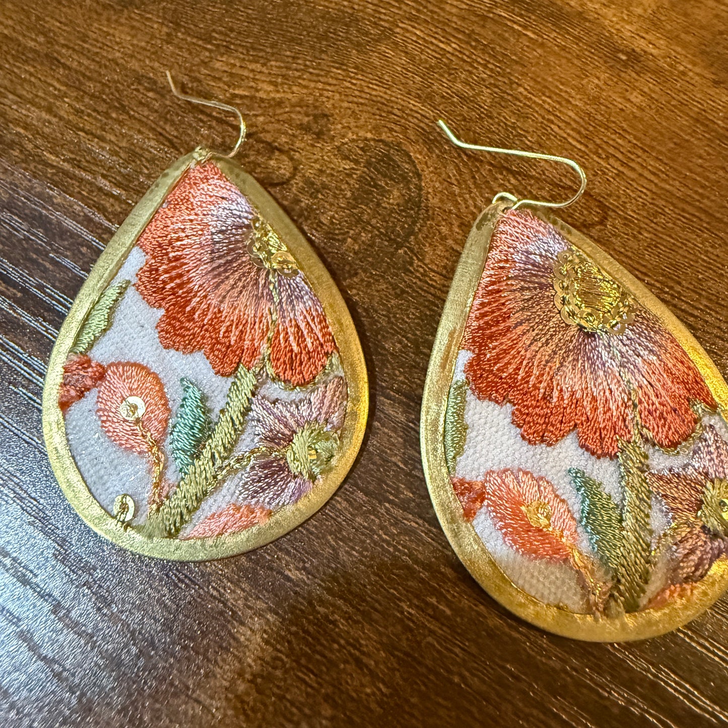 Spring in Bloom Embroidered Teardrop Earrings With Floral Gold Frame