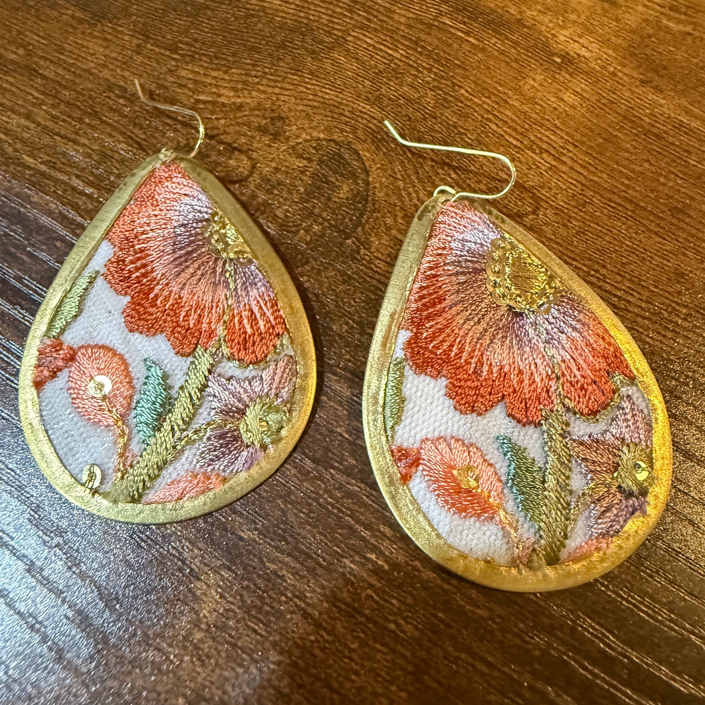 Spring in Bloom Embroidered Teardrop Earrings With Floral Gold Frame