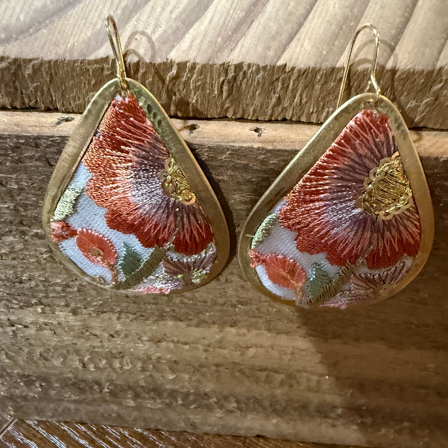 Spring in Bloom Embroidered Teardrop Earrings With Floral Gold Frame