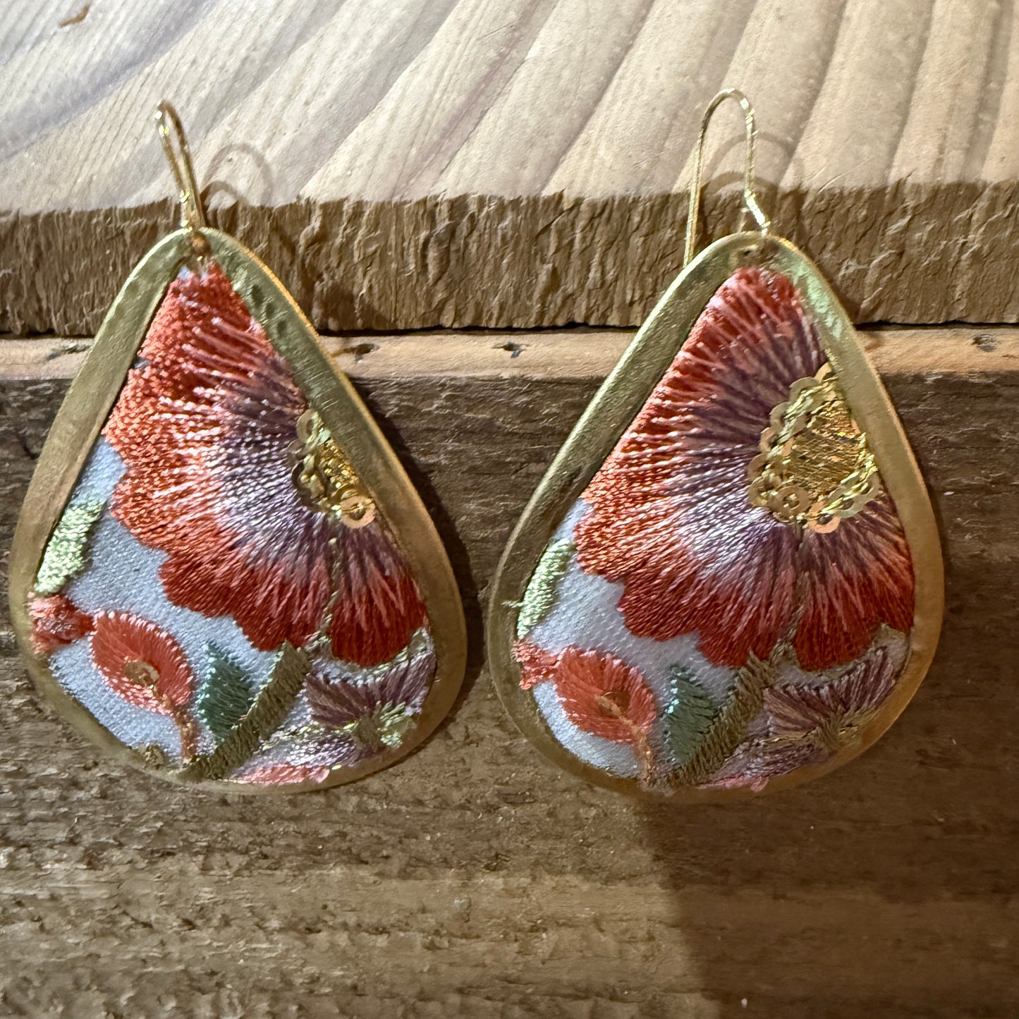 Spring in Bloom Embroidered Teardrop Earrings With Floral Gold Frame