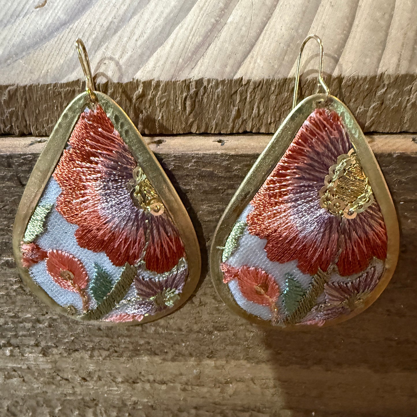 Spring in Bloom Embroidered Teardrop Earrings With Floral Gold Frame