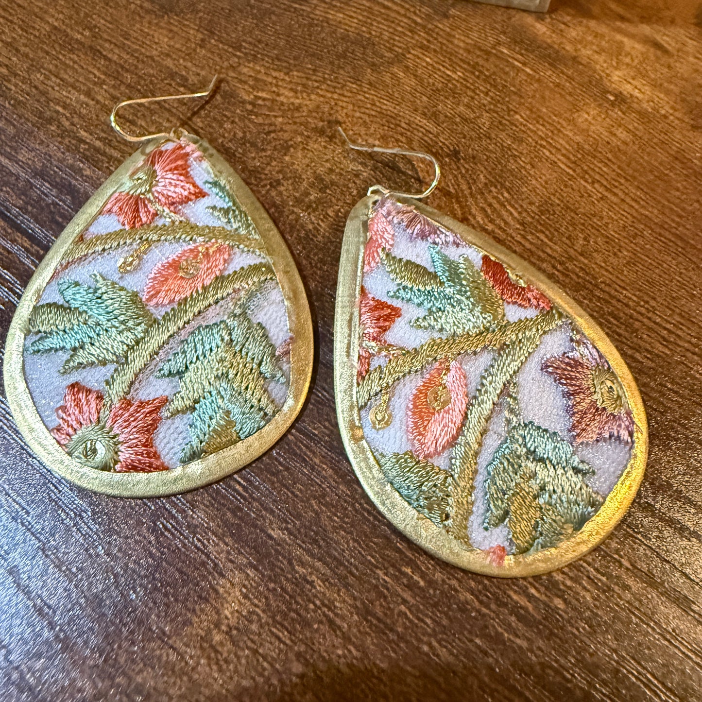 Spring Bloom Embroidered Teardrop Earrings in Gold Frame Handmade