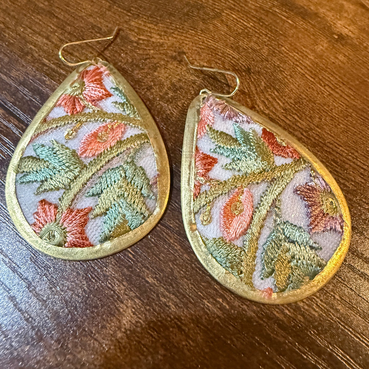 Spring Bloom Embroidered Teardrop Earrings in Gold Frame Handmade