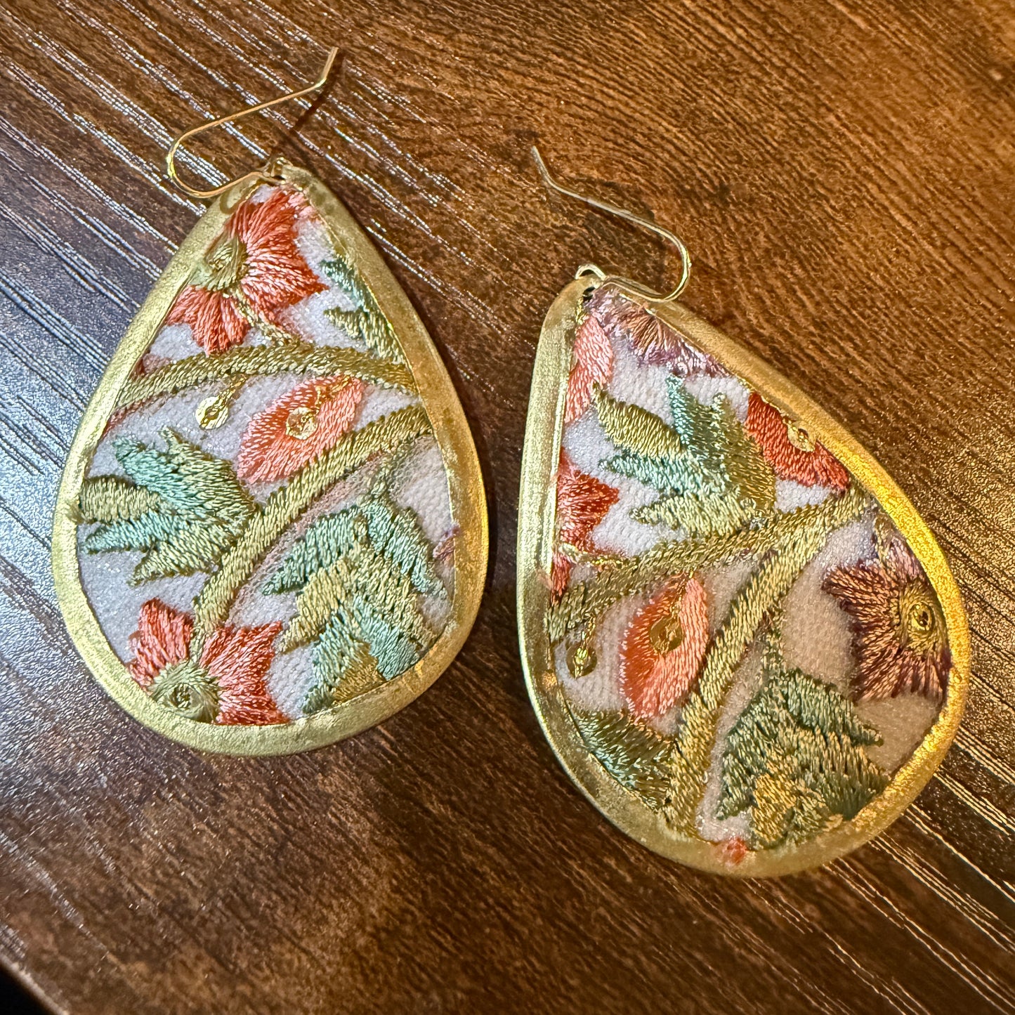 Spring Bloom Embroidered Teardrop Earrings in Gold Frame Handmade