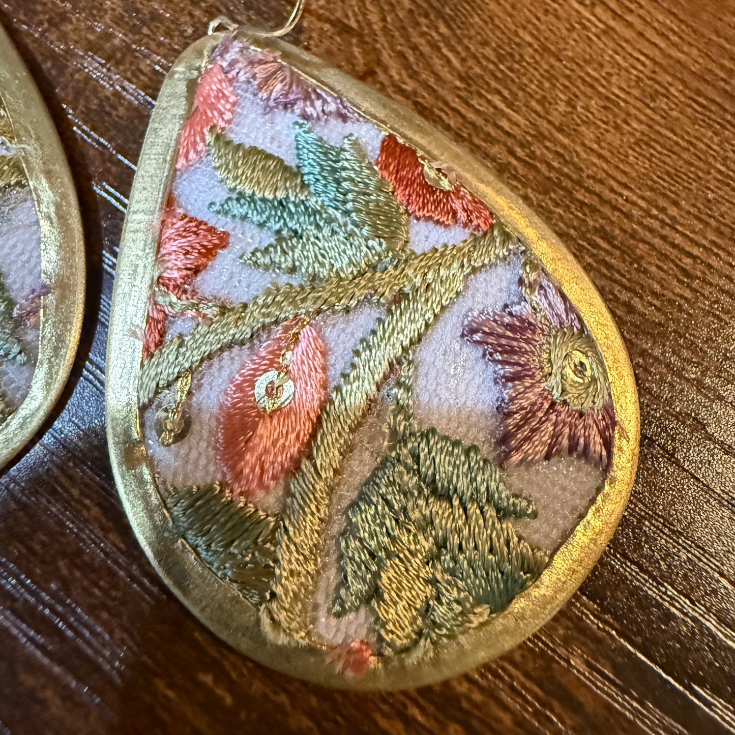 Spring Bloom Embroidered Teardrop Earrings in Gold Frame Handmade
