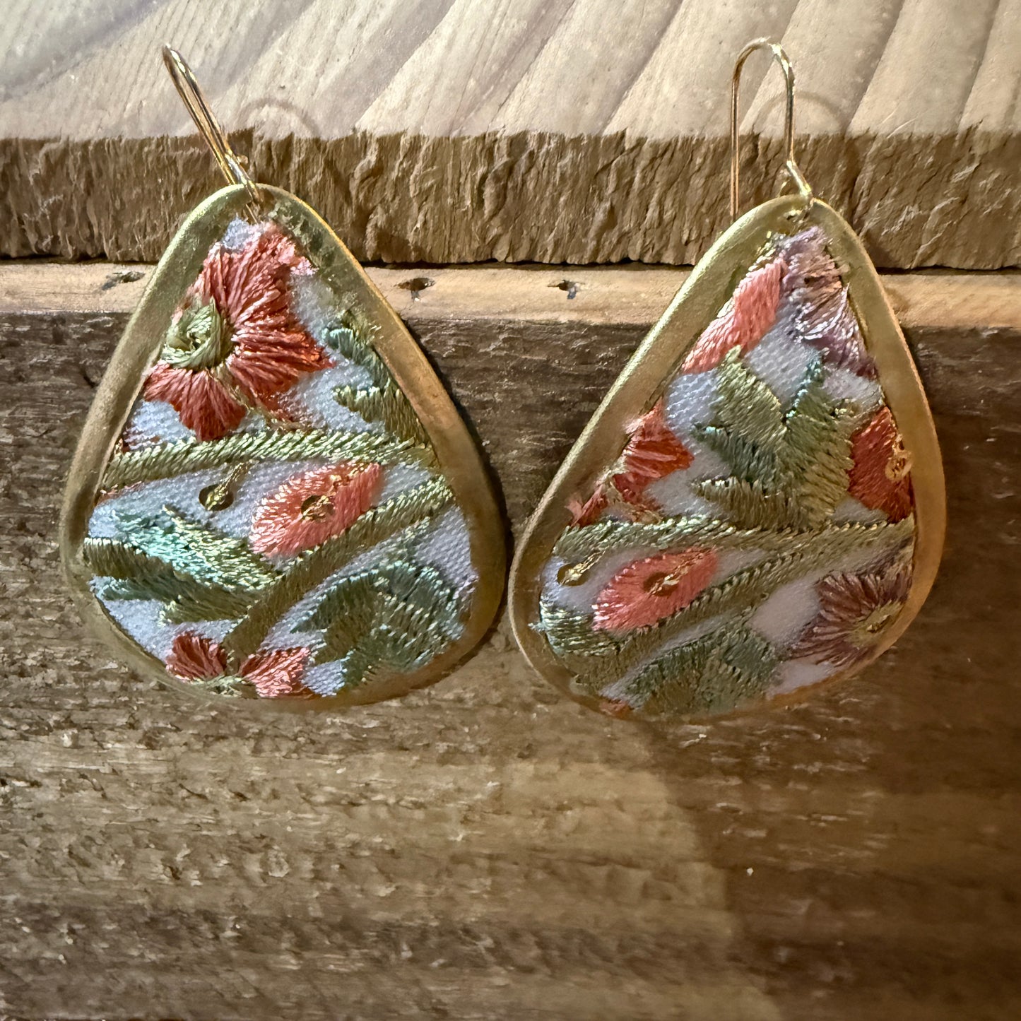 Spring Bloom Embroidered Teardrop Earrings in Gold Frame Handmade