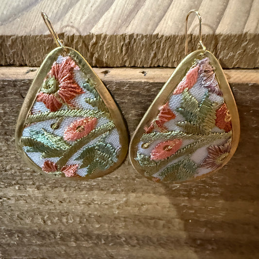 Spring Bloom Embroidered Teardrop Earrings in Gold Frame Handmade