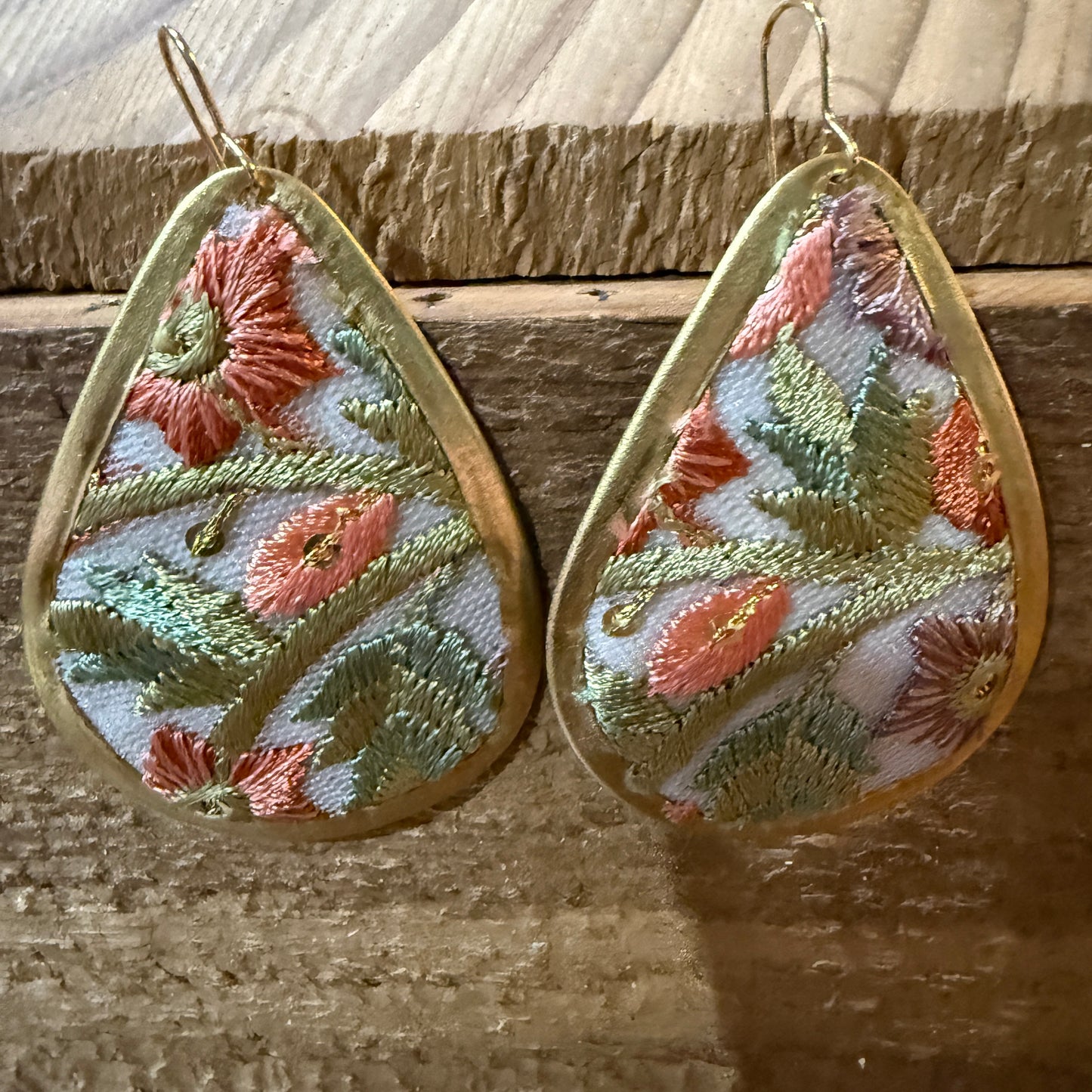 Spring Bloom Embroidered Teardrop Earrings in Gold Frame Handmade