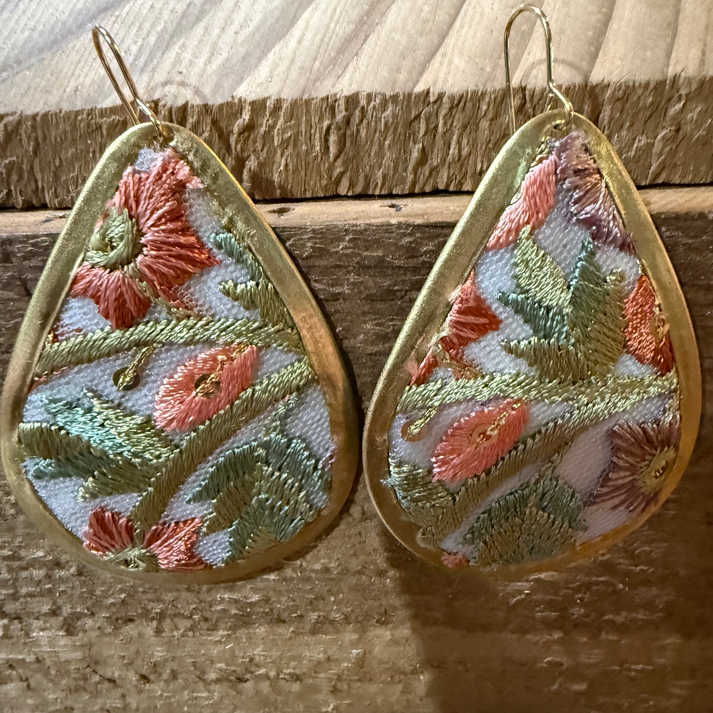 Spring Bloom Embroidered Teardrop Earrings in Gold Frame Handmade
