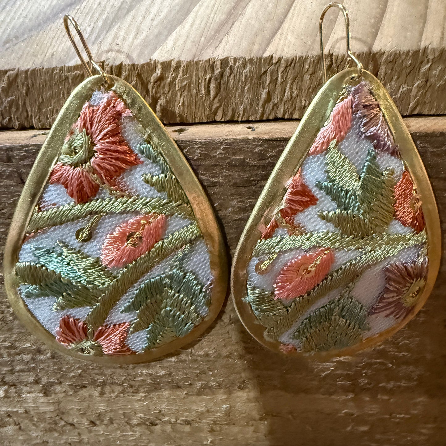 Spring Bloom Embroidered Teardrop Earrings in Gold Frame Handmade