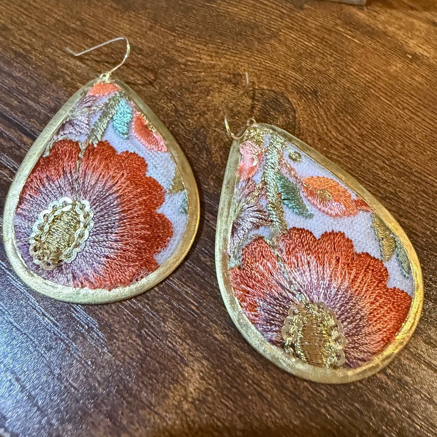 Spring Bloom Embroidered Teardrop Earrings Handcrafted With Floral Gold Frame