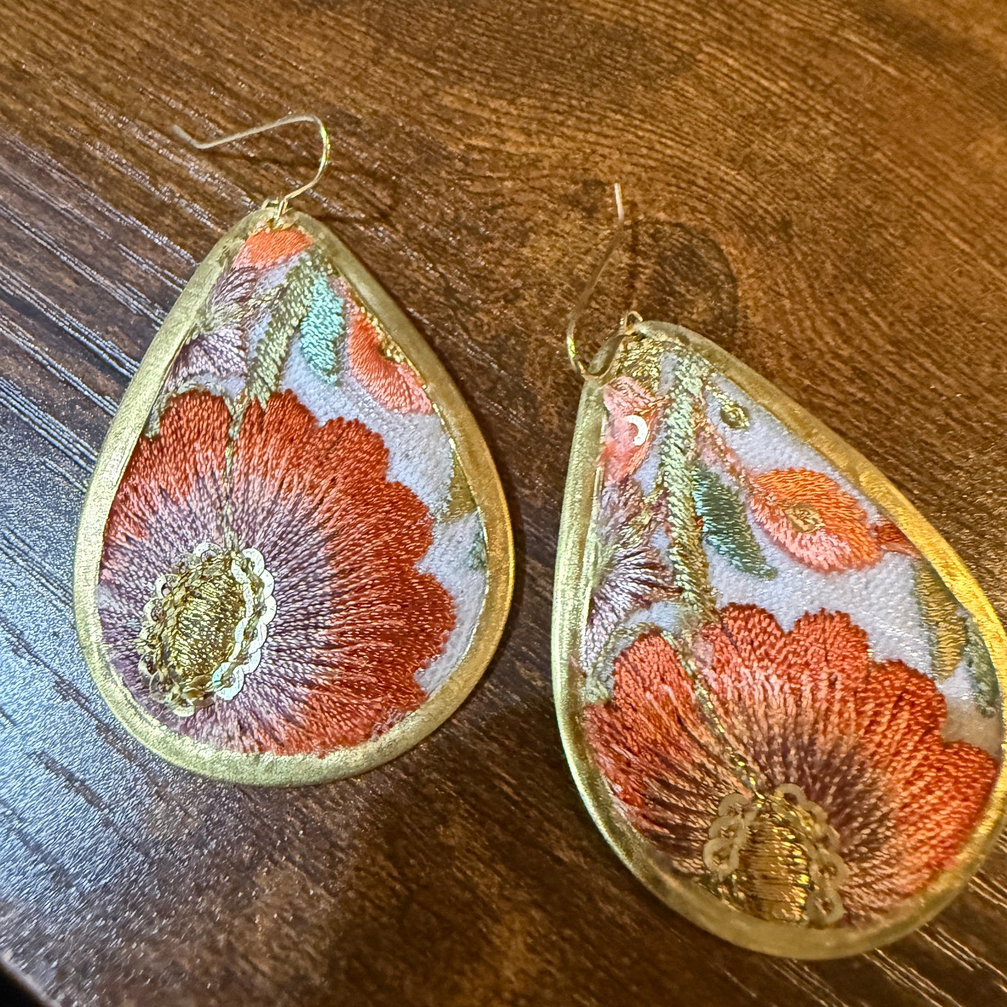 Spring Bloom Embroidered Teardrop Earrings Handcrafted With Floral Gold Frame