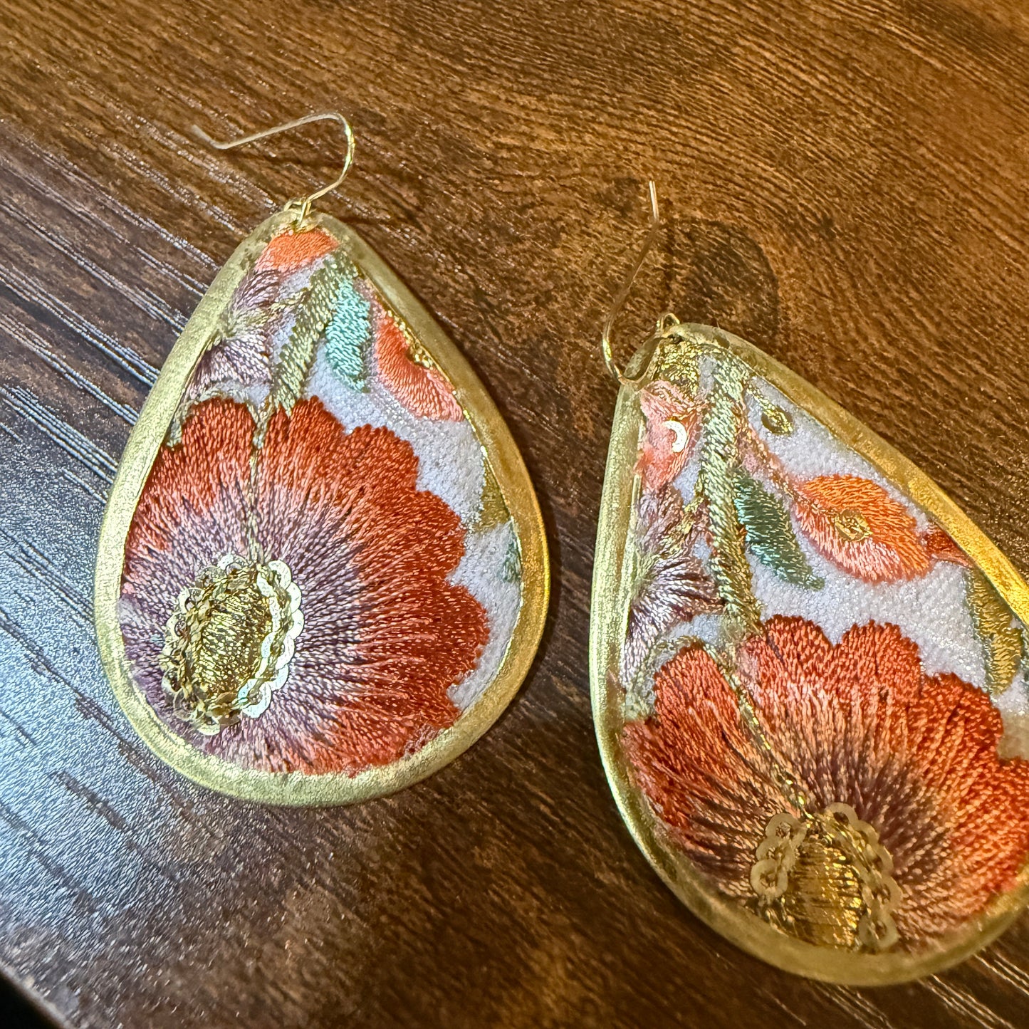 Spring Bloom Embroidered Teardrop Earrings Handcrafted With Floral Gold Frame