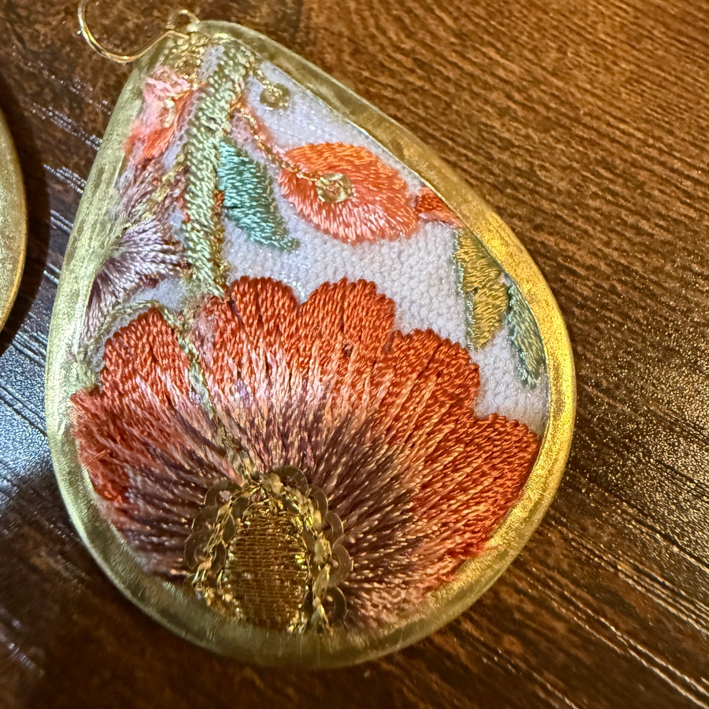 Spring Bloom Embroidered Teardrop Earrings Handcrafted With Floral Gold Frame