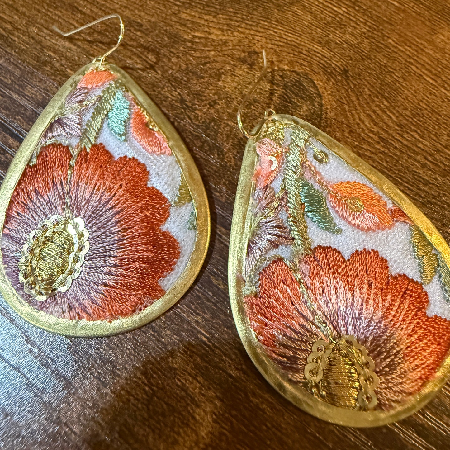 Spring Bloom Embroidered Teardrop Earrings Handcrafted With Floral Gold Frame