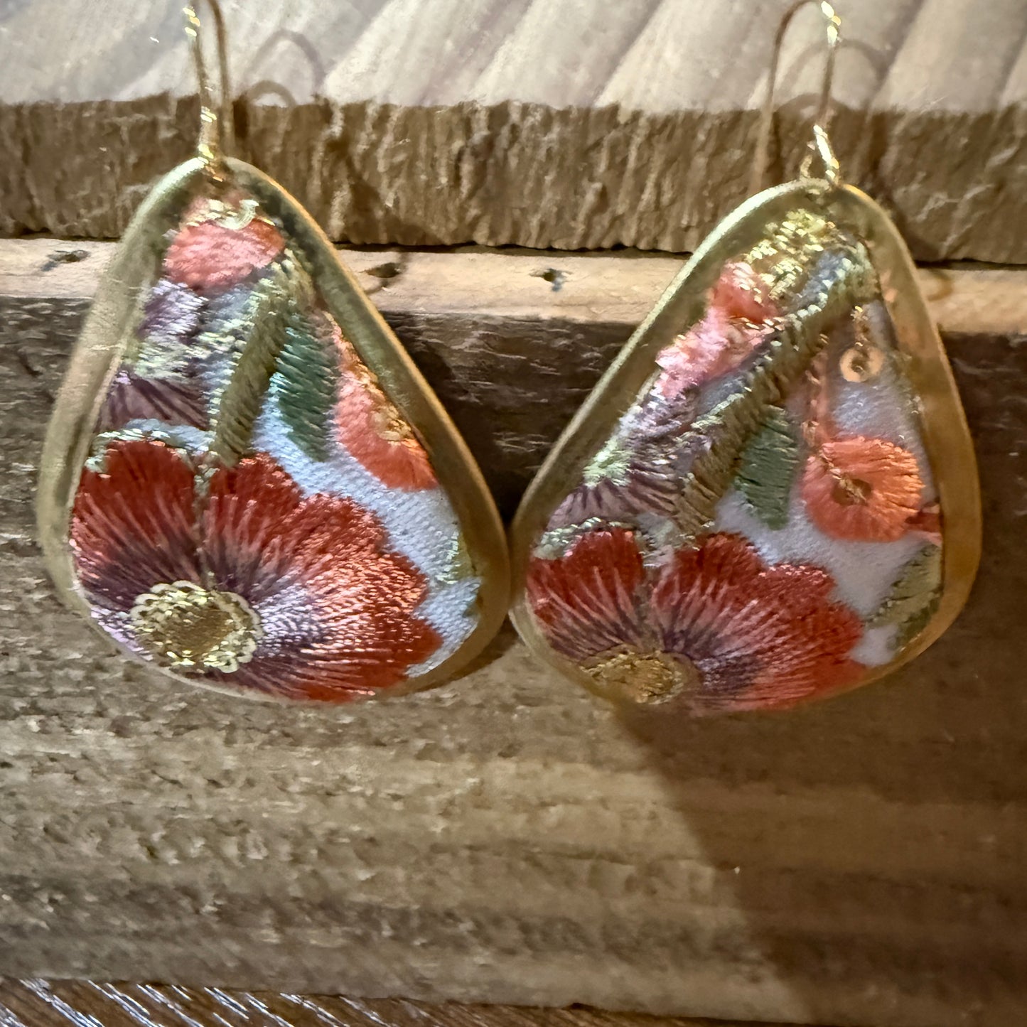 Spring Bloom Embroidered Teardrop Earrings Handcrafted With Floral Gold Frame