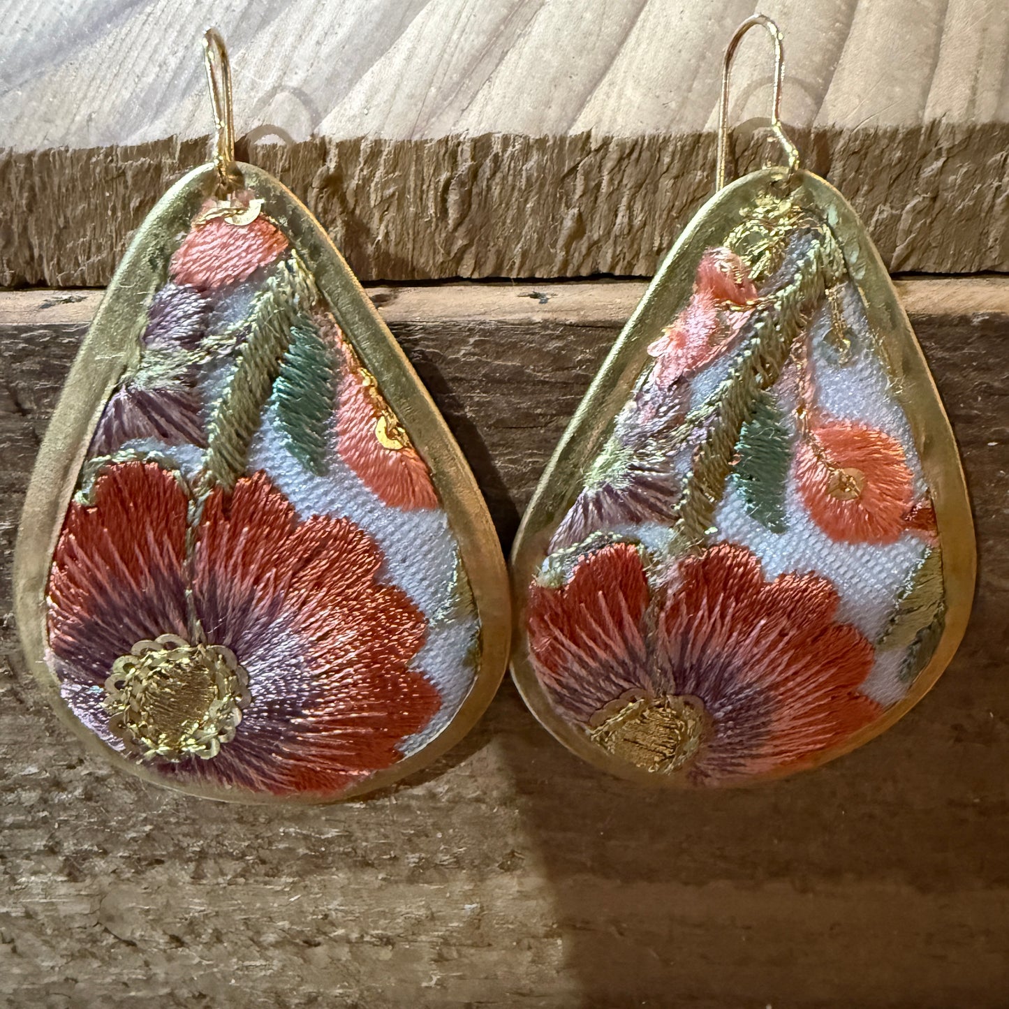 Spring Bloom Embroidered Teardrop Earrings Handcrafted With Floral Gold Frame