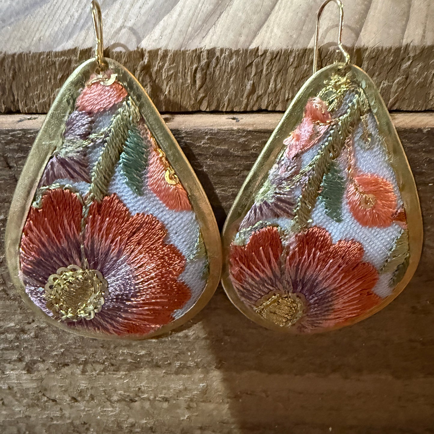 Spring Bloom Embroidered Teardrop Earrings Handcrafted With Floral Gold Frame