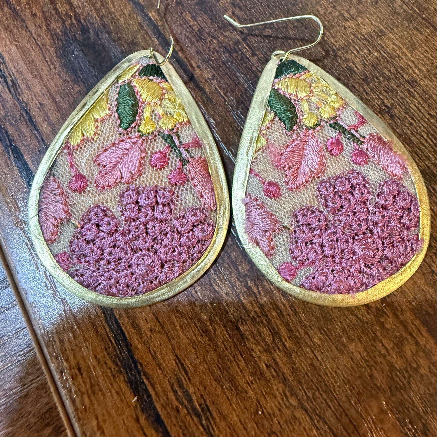 Pastel Embroidered Floral Drop Earrings Gold Tone Teardrop