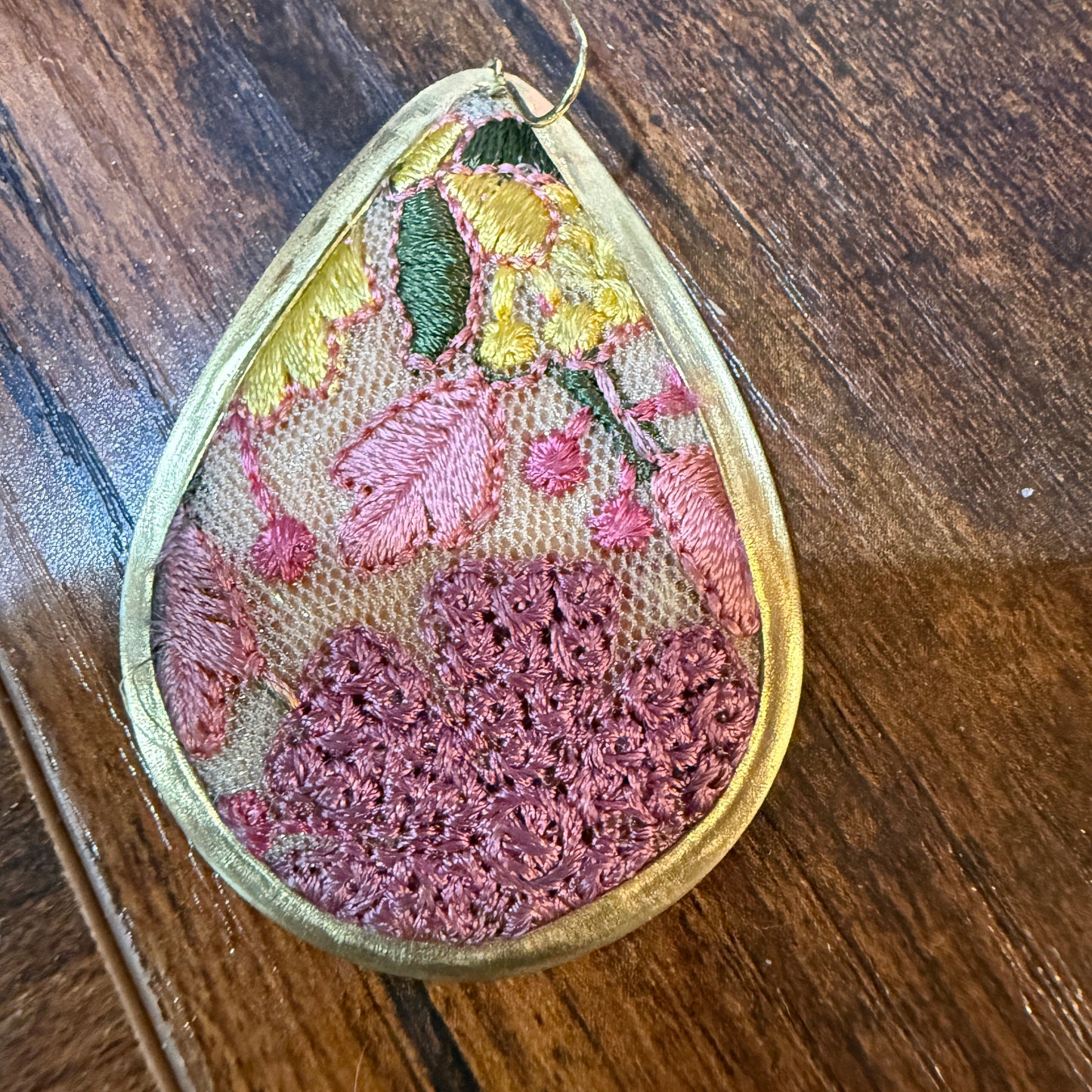 Pastel Embroidered Floral Drop Earrings Gold Tone Teardrop
