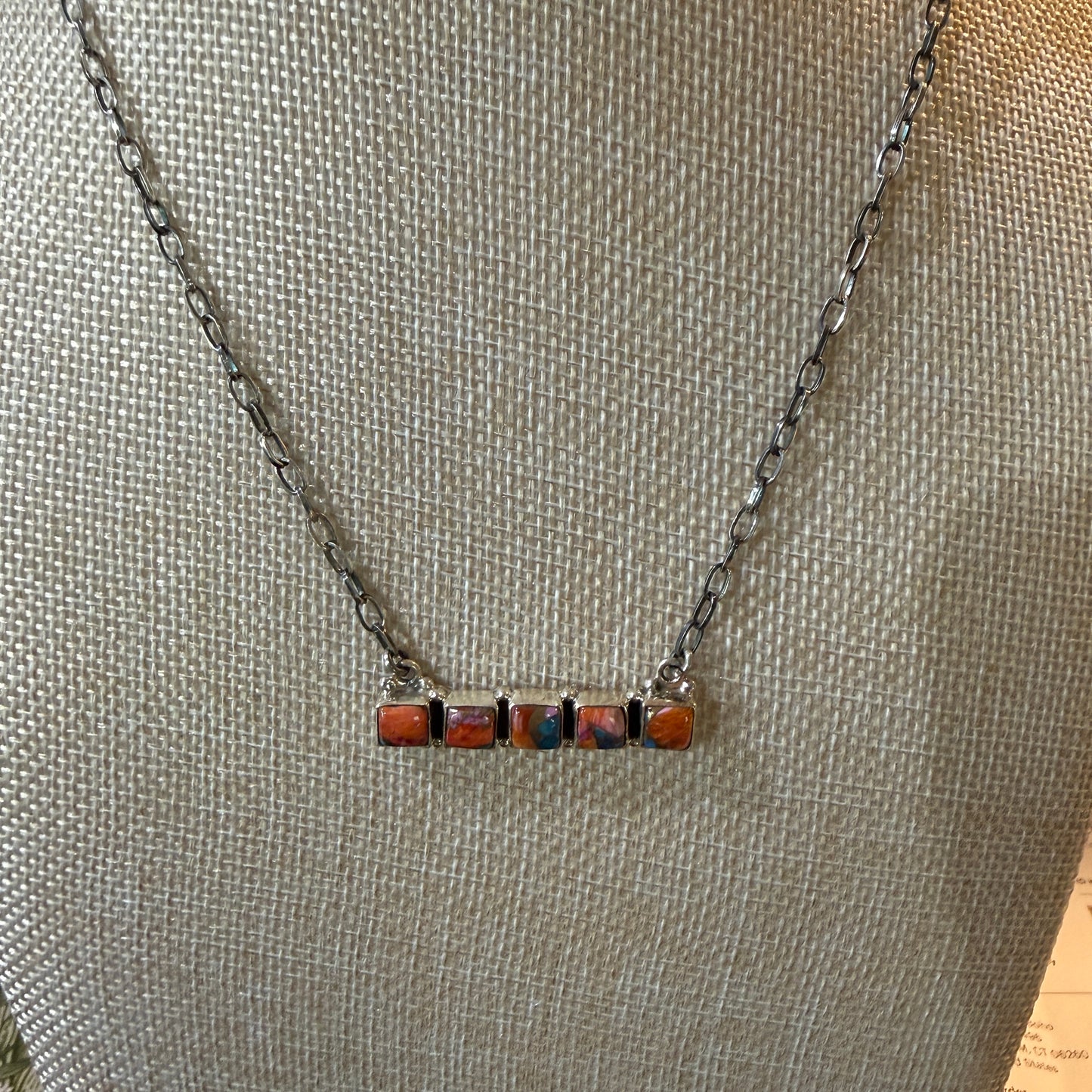 Navajo Inspired Spiny Oyster Bar Necklace Sterling Silver 18 Inch Chain