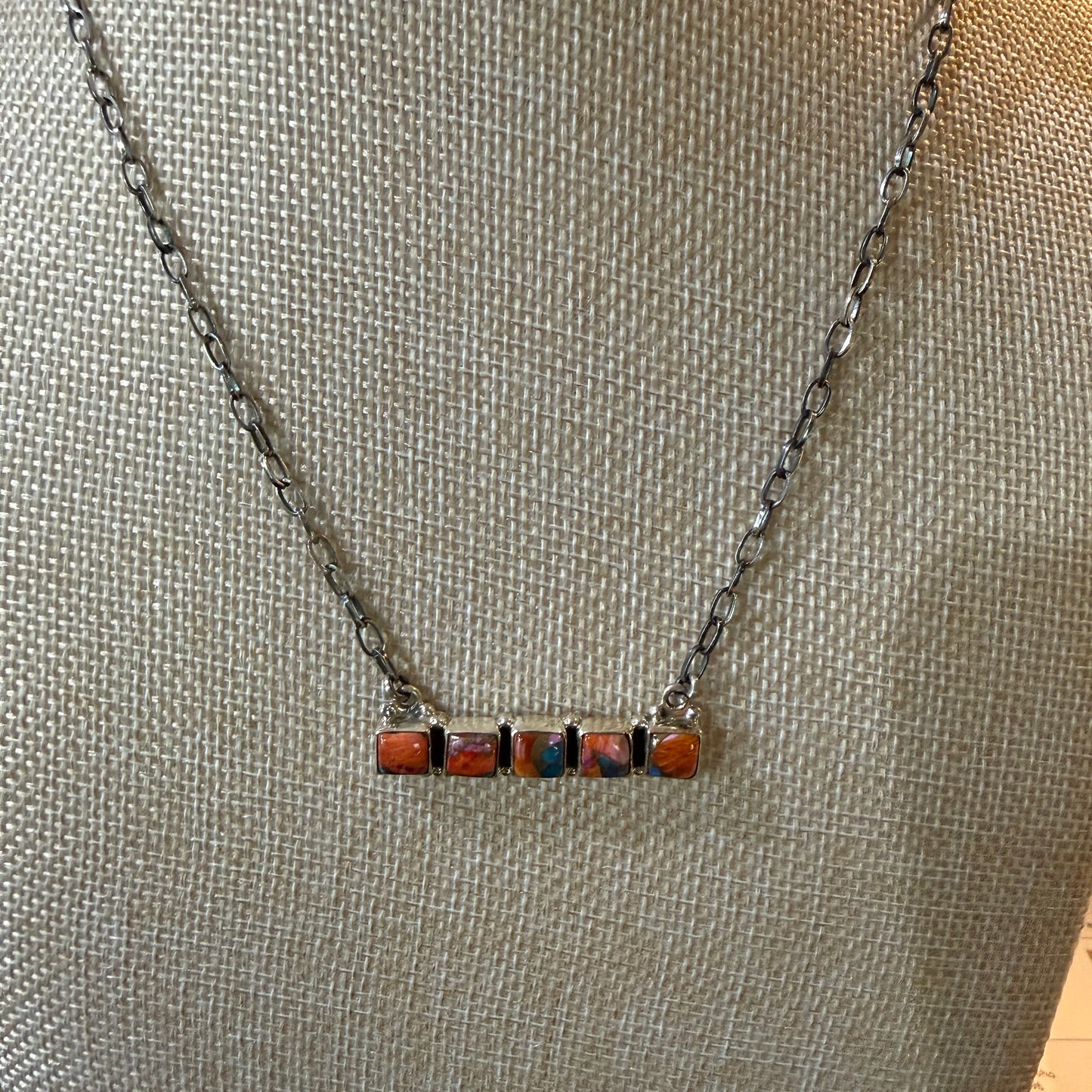 Navajo Inspired Spiny Oyster Bar Necklace Sterling Silver 18 Inch Chain