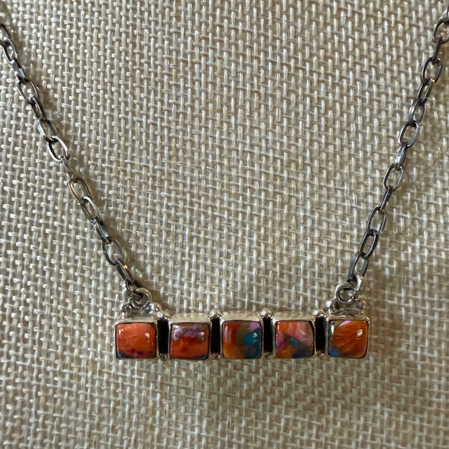 Navajo Inspired Spiny Oyster Bar Necklace Sterling Silver 18 Inch Chain