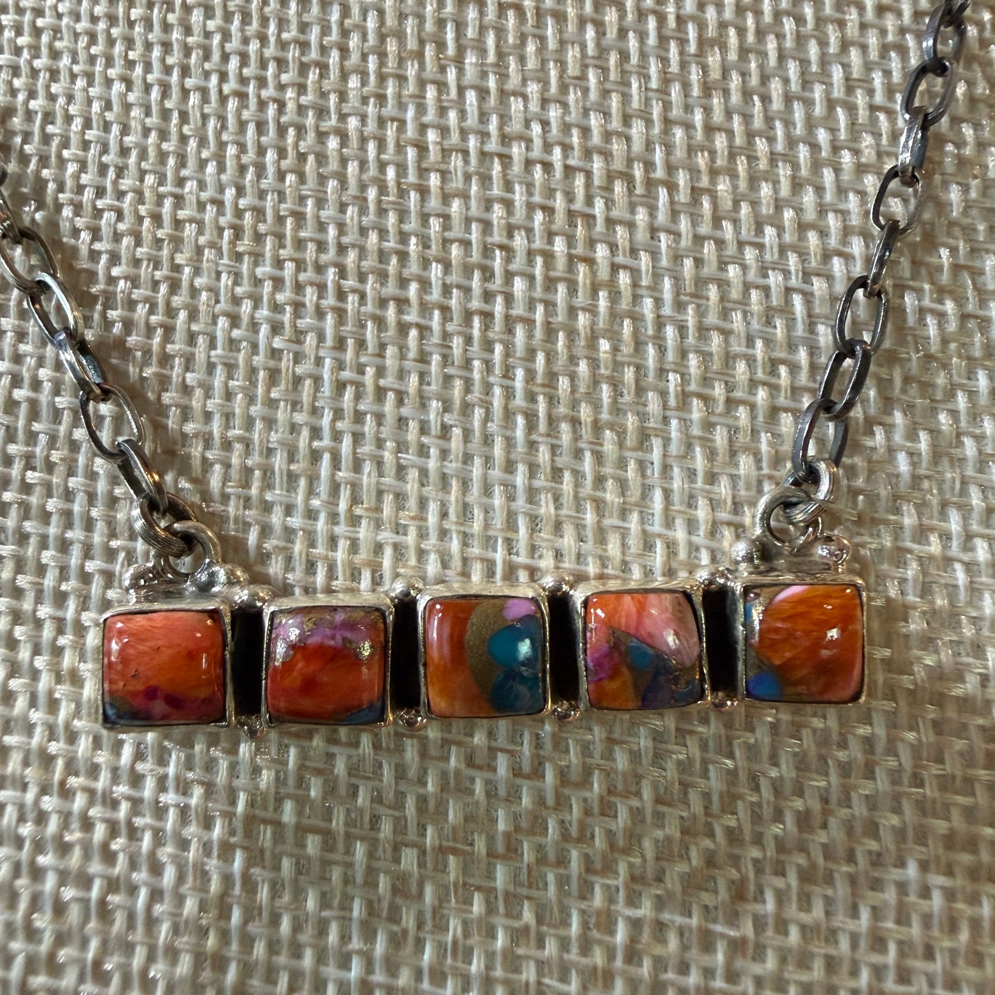 Navajo Inspired Spiny Oyster Bar Necklace Sterling Silver 18 Inch Chain