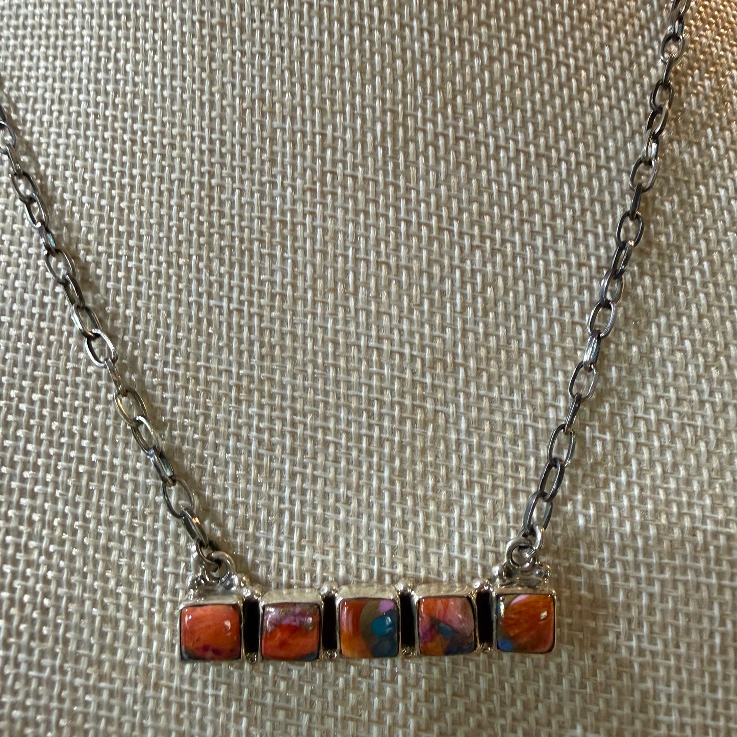 Navajo Inspired Spiny Oyster Bar Necklace Sterling Silver 18 Inch Chain