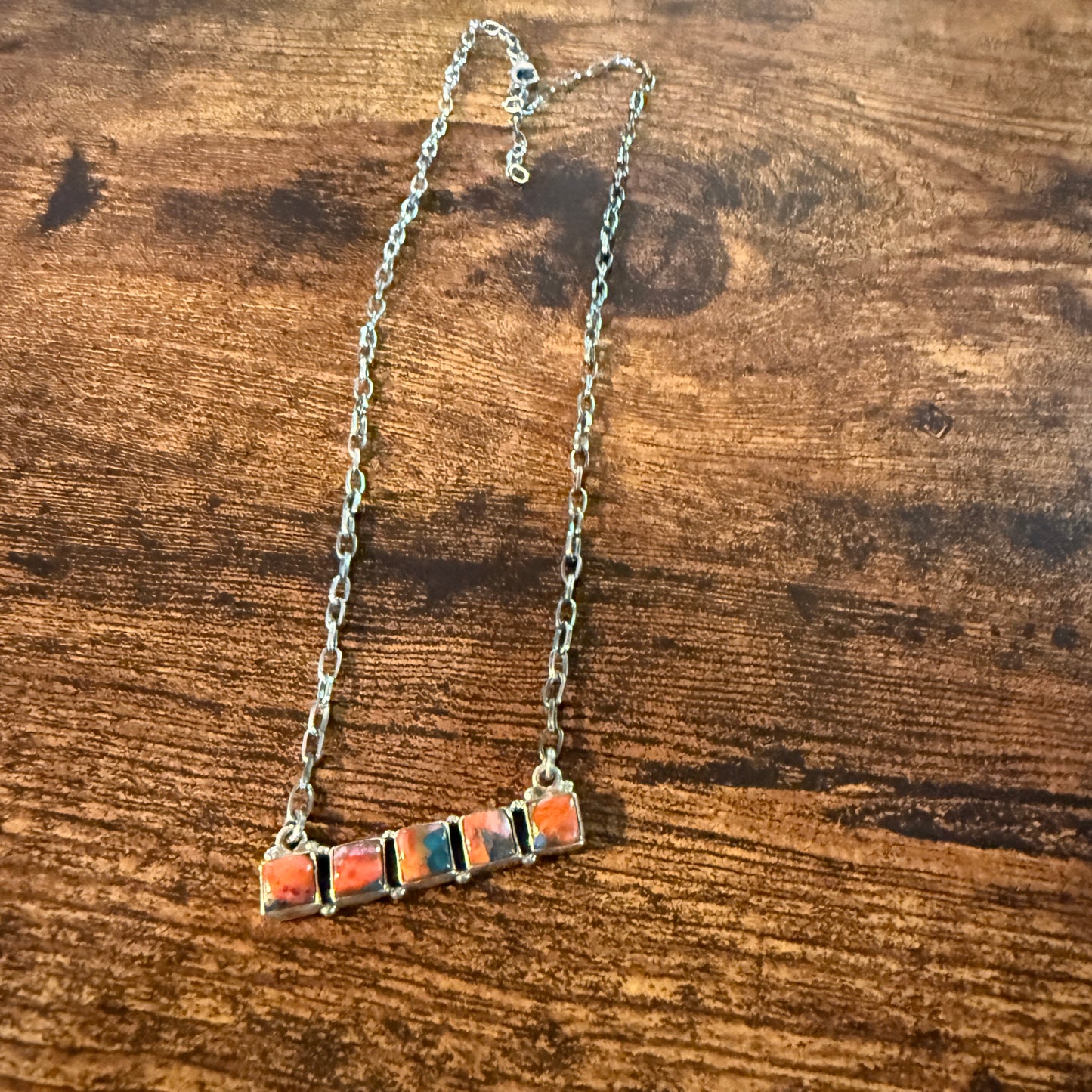 Navajo Inspired Spiny Oyster Bar Necklace Sterling Silver 18 Inch Chain