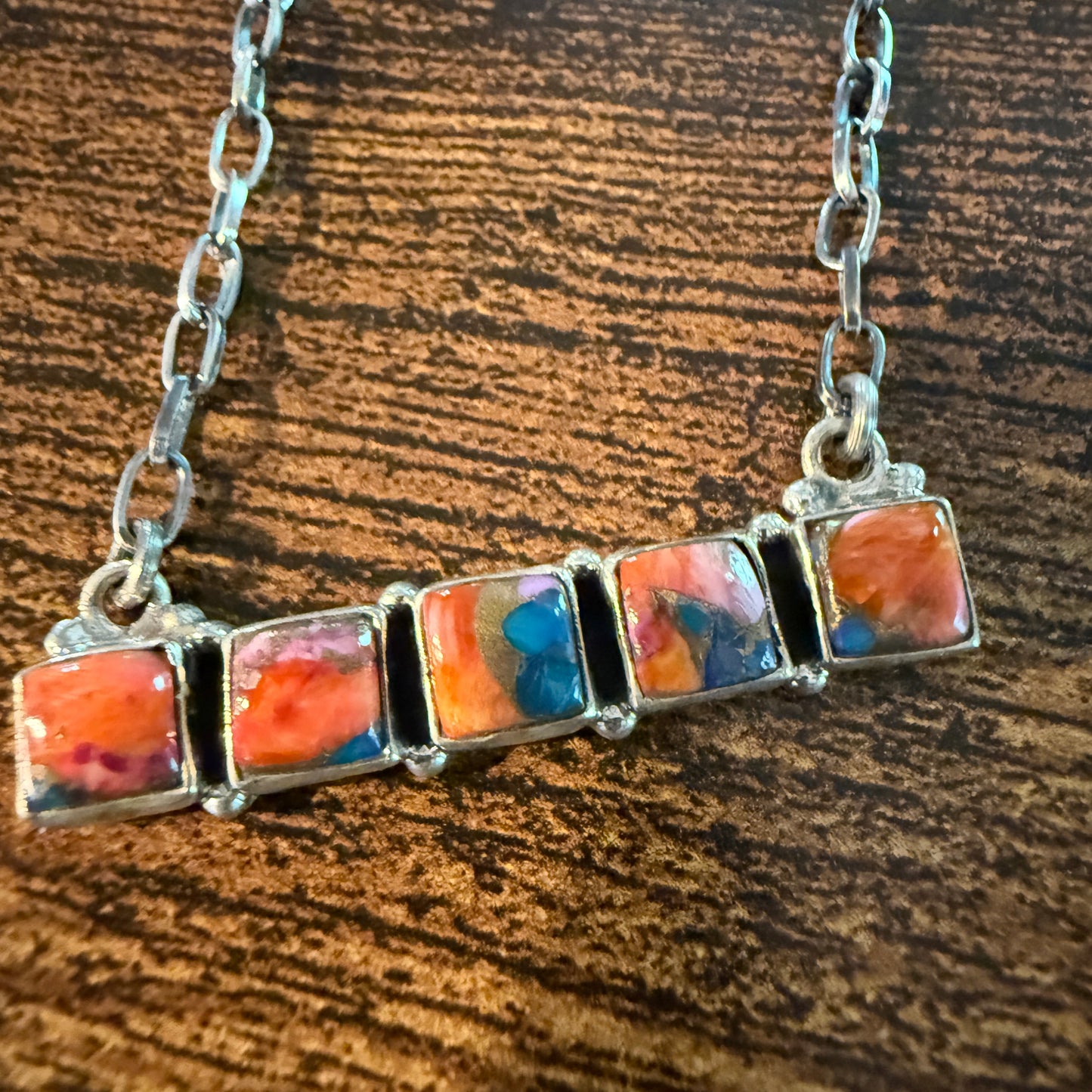 Navajo Inspired Spiny Oyster Bar Necklace Sterling Silver 18 Inch Chain
