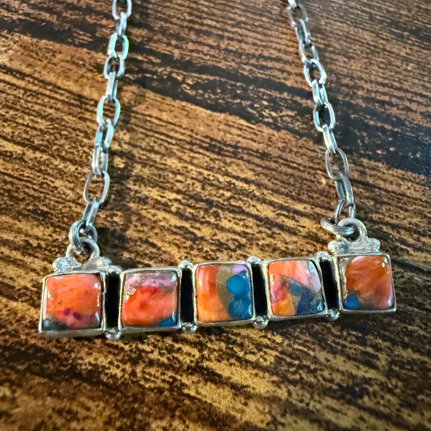 Navajo Inspired Spiny Oyster Bar Necklace Sterling Silver 18 Inch Chain