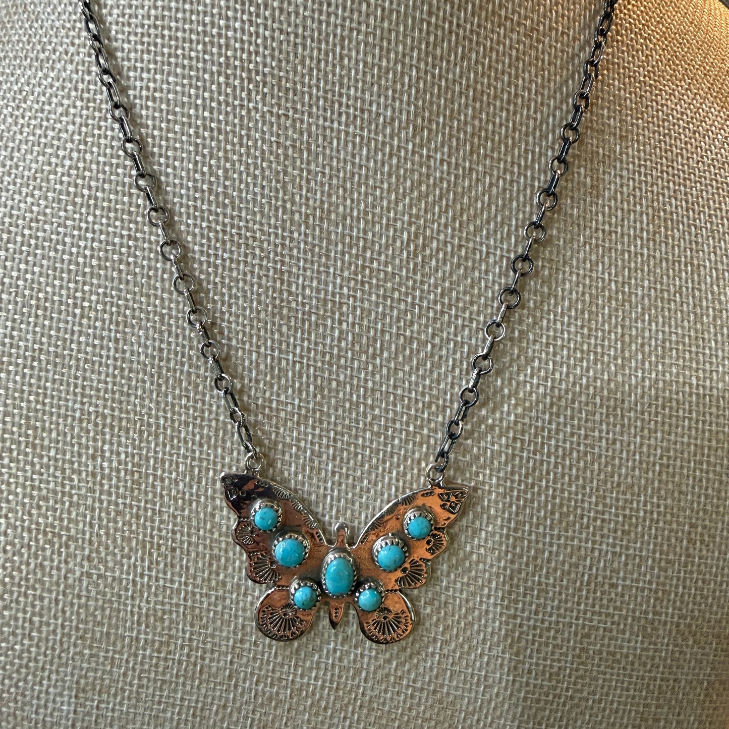 Navajo Kingman Turquoise Butterfly Necklace Sterling Silver 18 Inch Chain