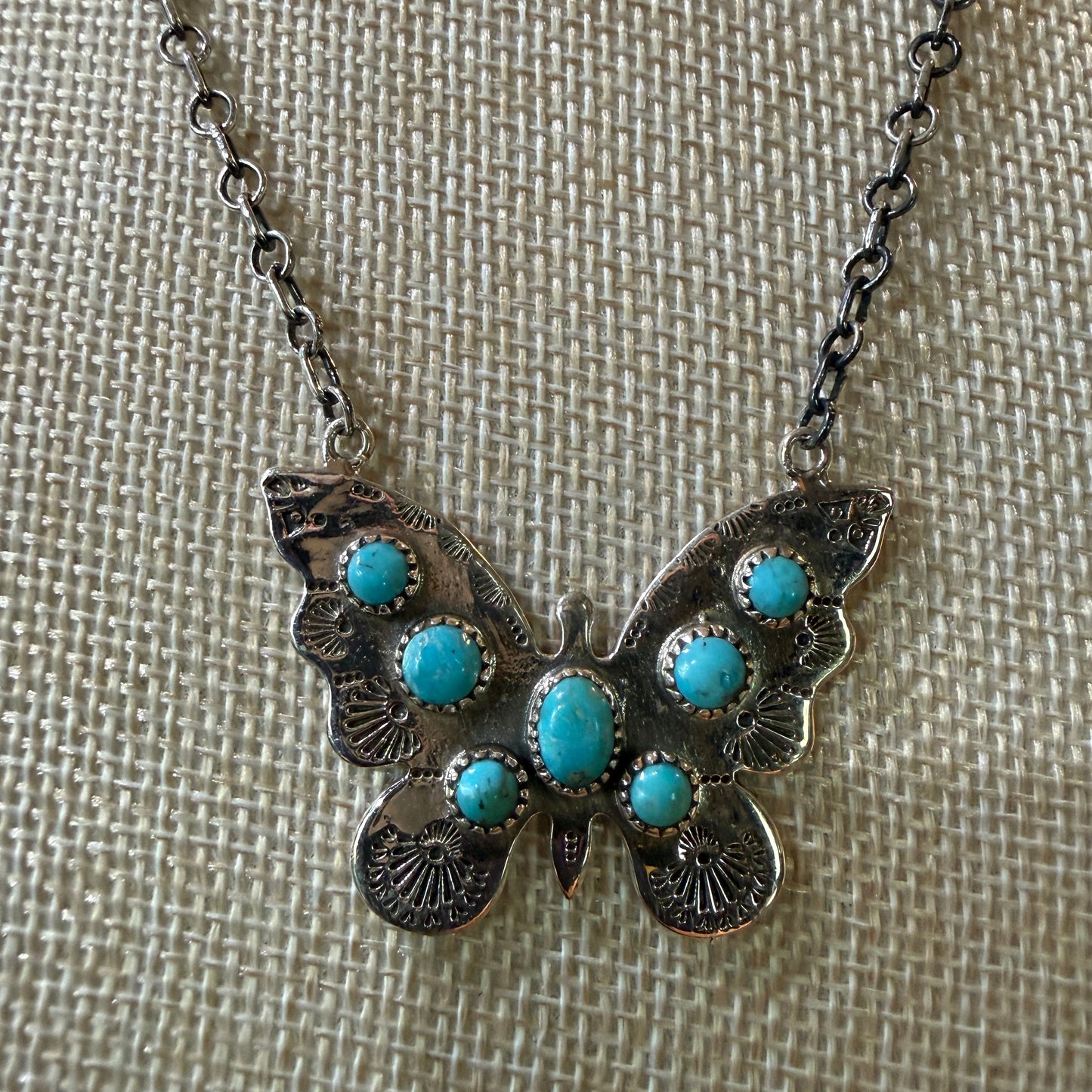 Navajo Kingman Turquoise Butterfly Necklace Sterling Silver 18 Inch Chain