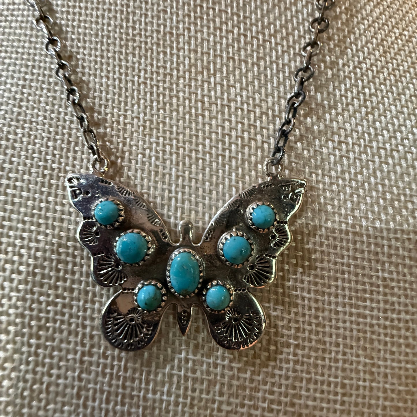 Navajo Kingman Turquoise Butterfly Necklace Sterling Silver 18 Inch Chain