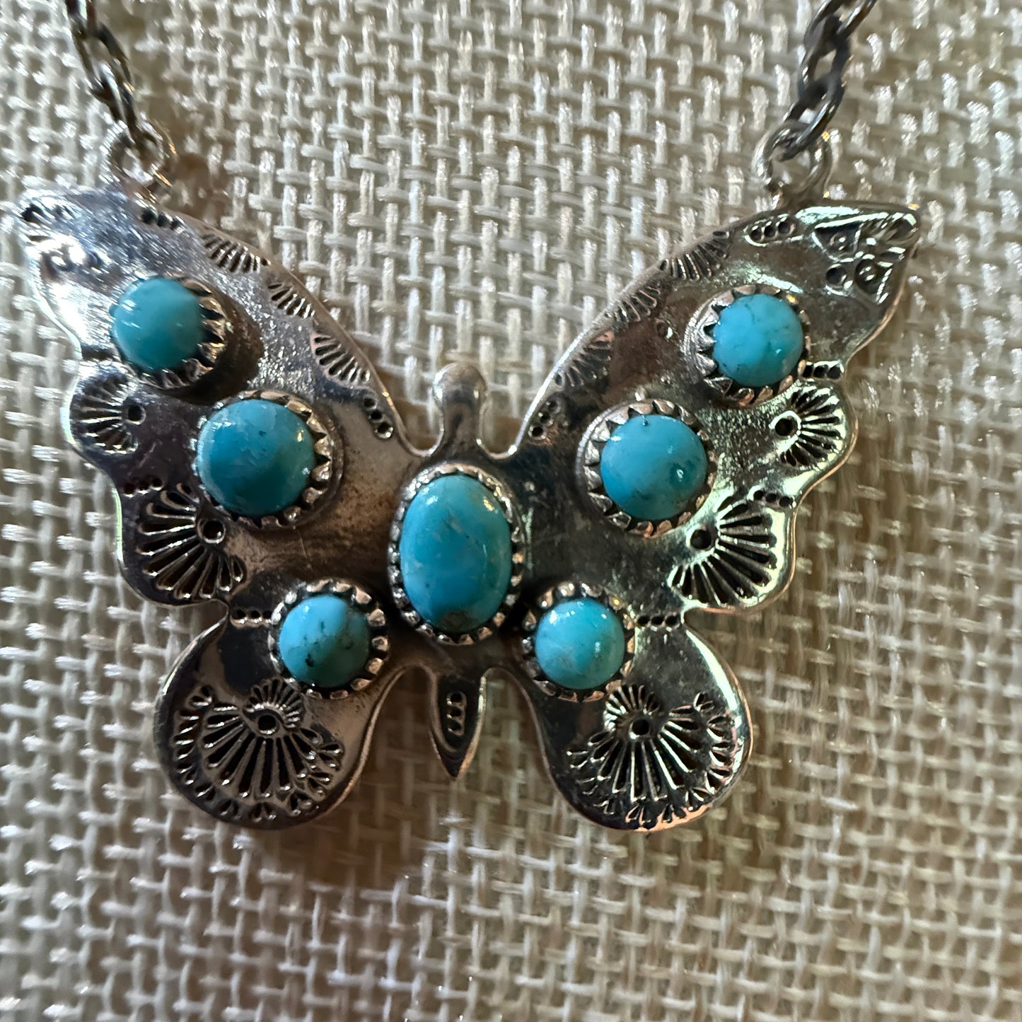 Navajo Kingman Turquoise Butterfly Necklace Sterling Silver 18 Inch Chain