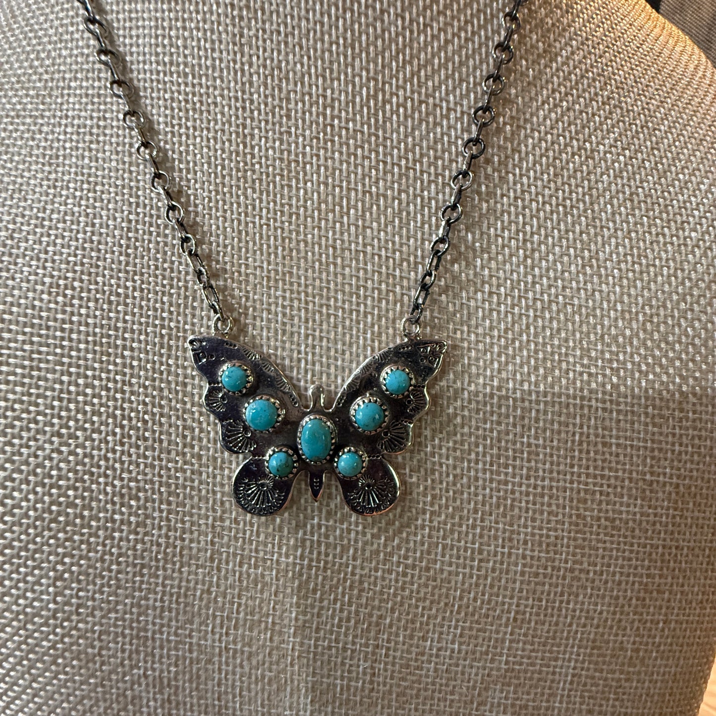 Navajo Kingman Turquoise Butterfly Necklace Sterling Silver 18 Inch Chain