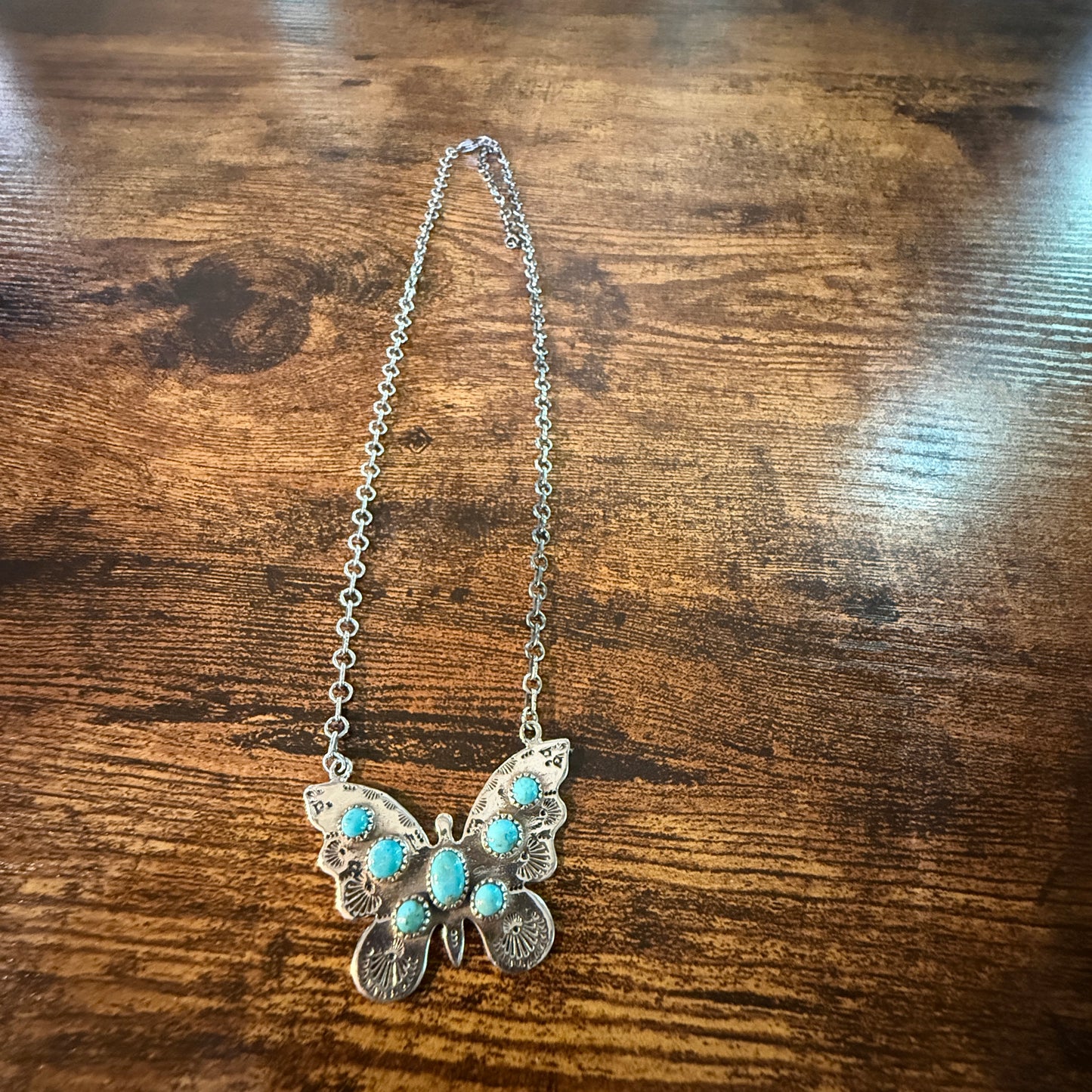 Navajo Kingman Turquoise Butterfly Necklace Sterling Silver 18 Inch Chain
