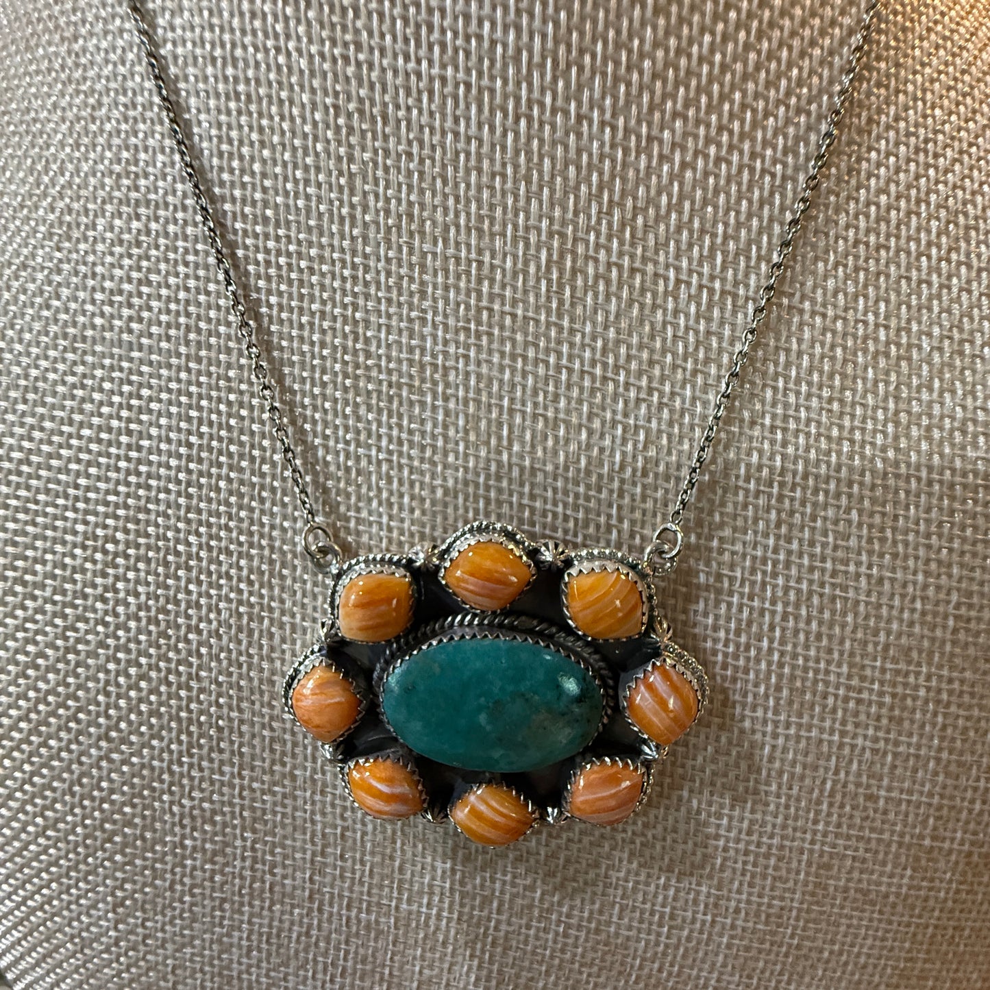 Mojave Turquoise and Spiny Oyster Gemstone Necklace in Sterling Silver