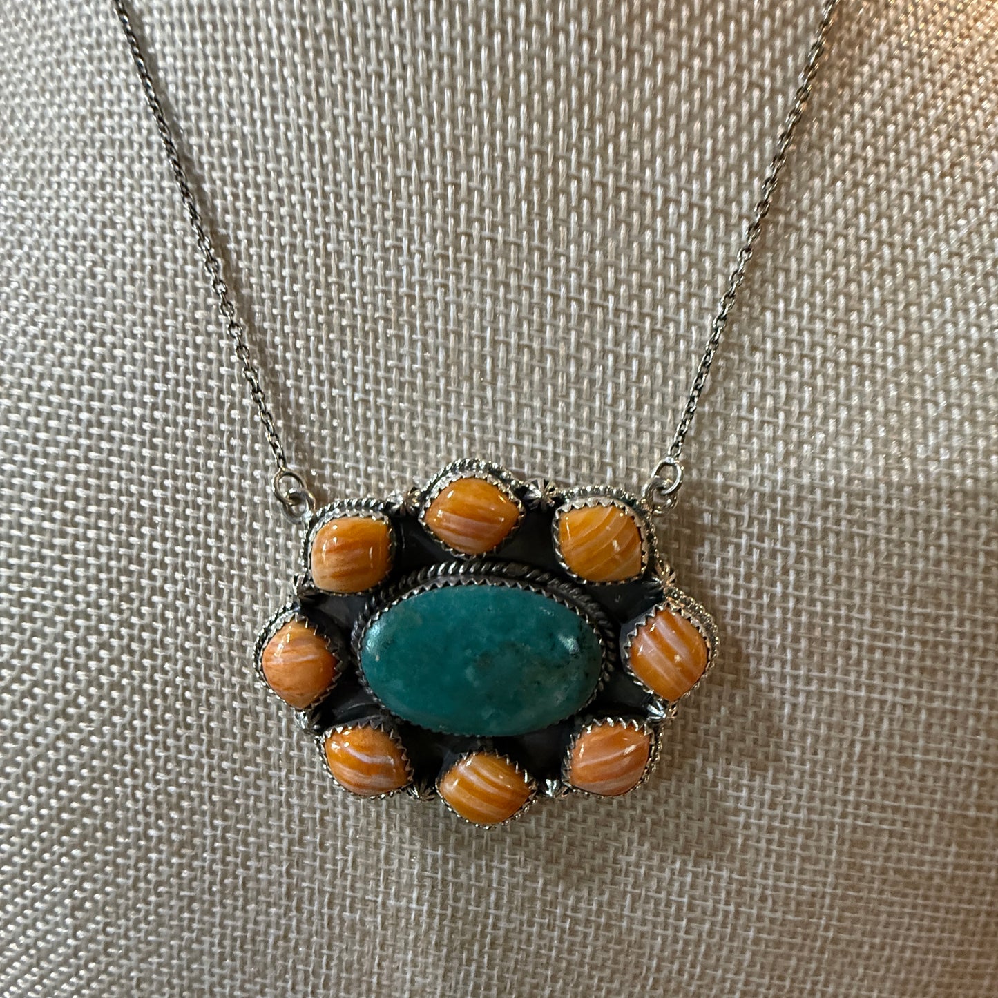 Mojave Turquoise and Spiny Oyster Gemstone Necklace in Sterling Silver