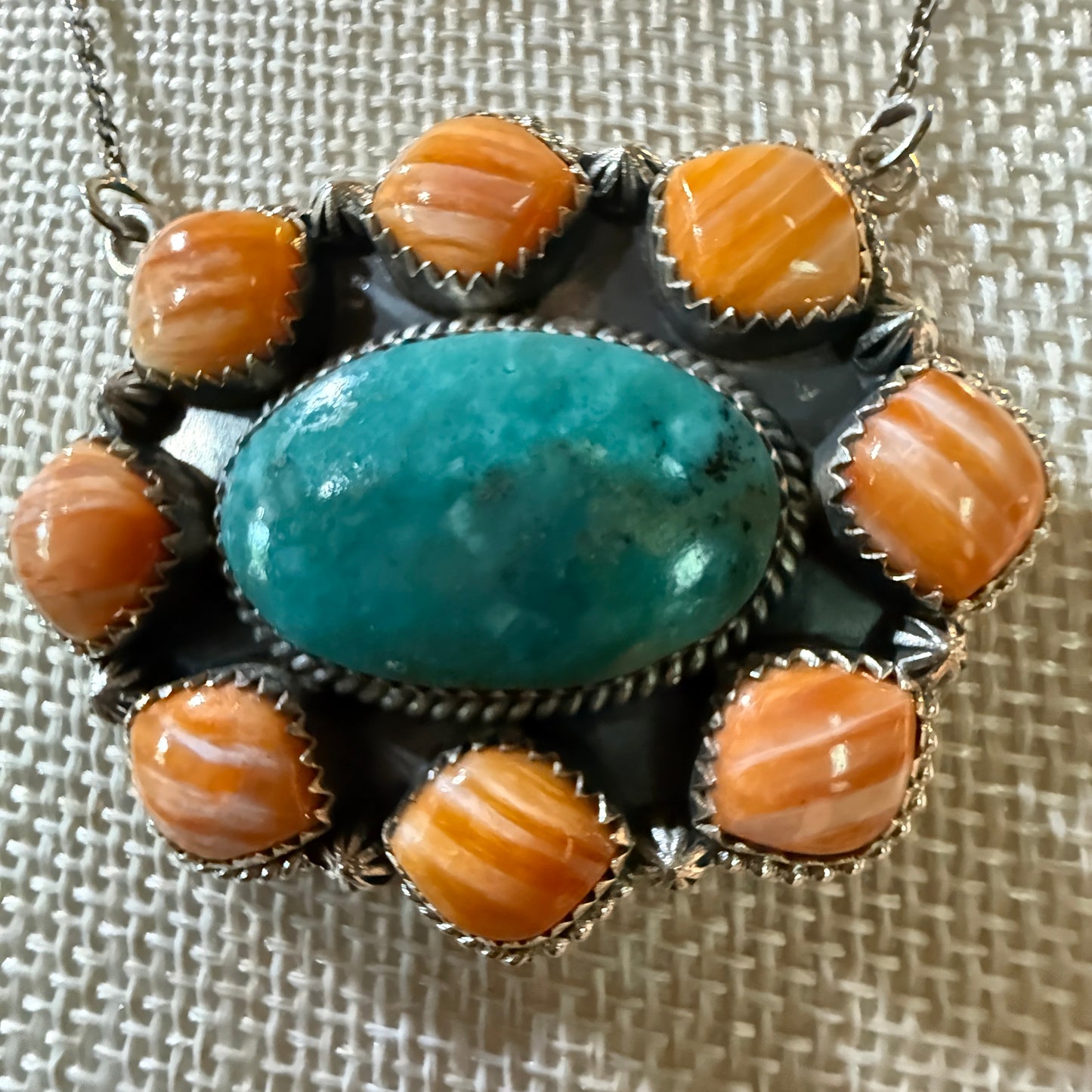 Mojave Turquoise and Spiny Oyster Gemstone Necklace in Sterling Silver
